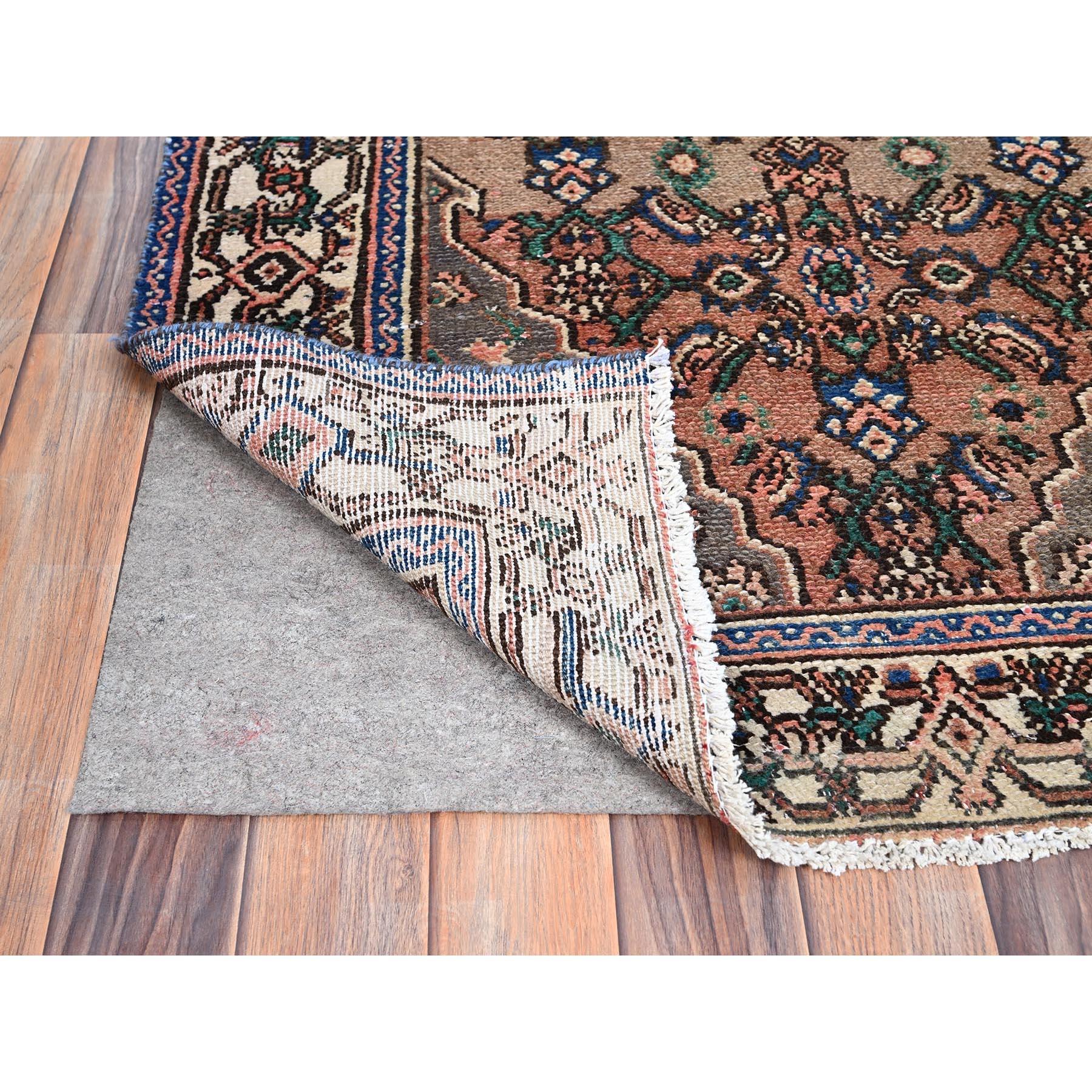 Hand-Knotted Brown Old Persian Hussainabad Rustcic Wool Abrash Hand Knotted Clean Runner Rug For Sale