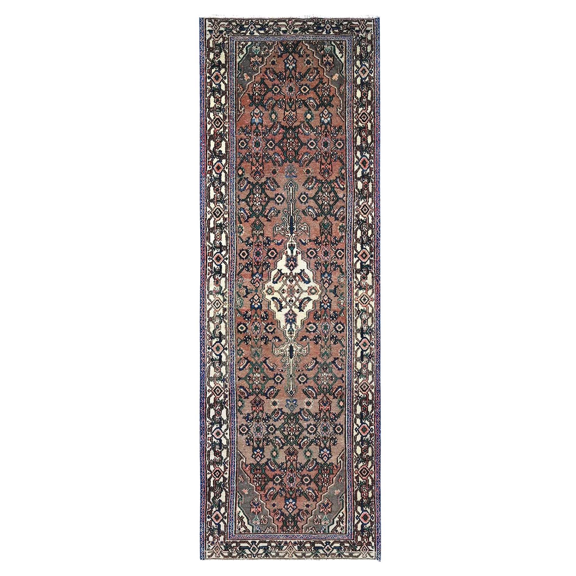 Brown Old Persian Hussainabad Rustcic Wool Abrash Hand Knotted Clean Runner Rug