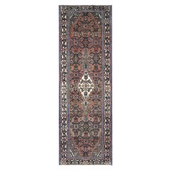 Vintage Brown Old Persian Hussainabad Rustcic Wool Abrash Hand Knotted Clean Runner Rug
