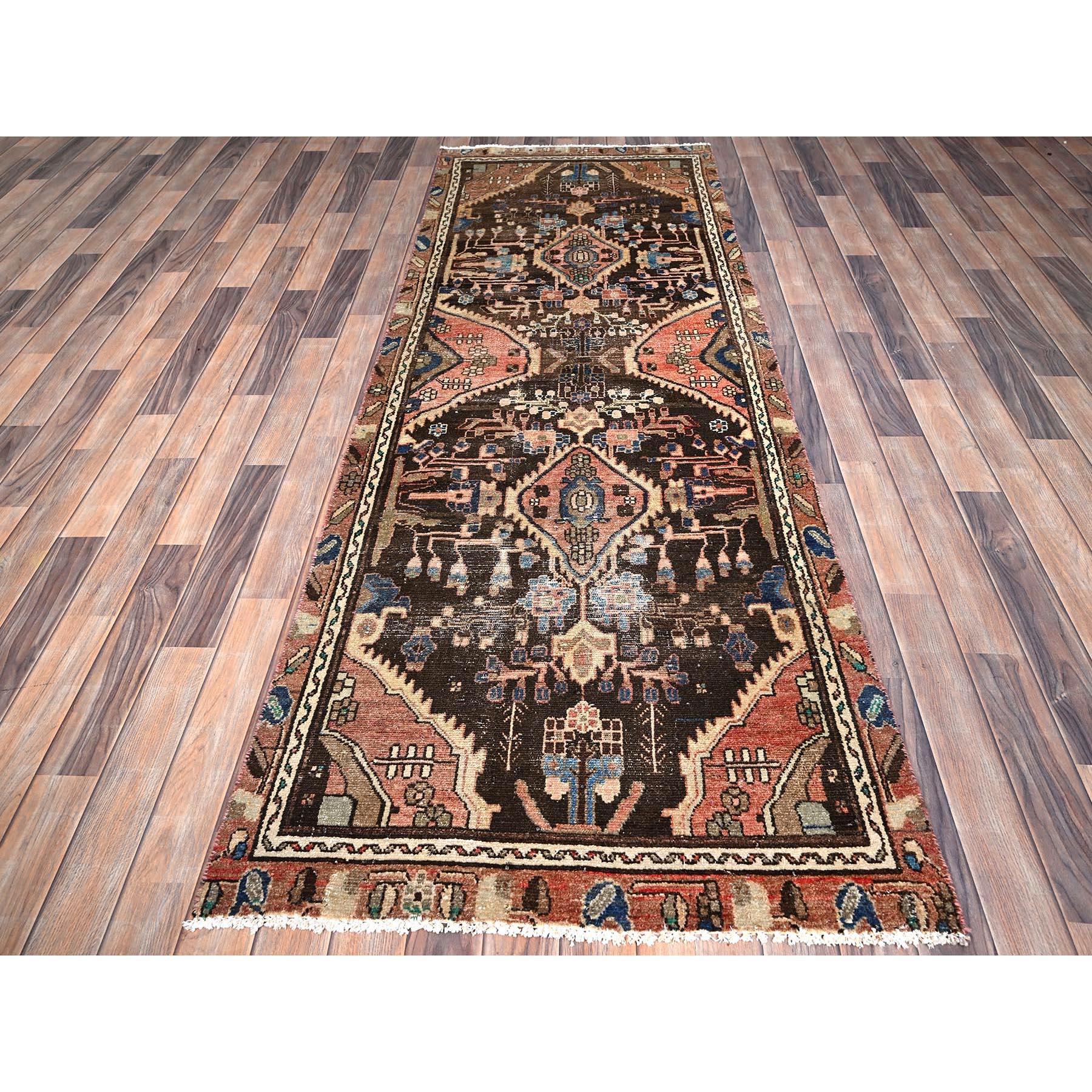 Medieval Brown Old Persian Lilahan Abrash Evenly Worn Wool Clean Hand Knotted Runner Rug For Sale