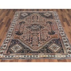 Brown Old Persian Shiraz Trojan Horses Sheared Low Hand Knotted Rug