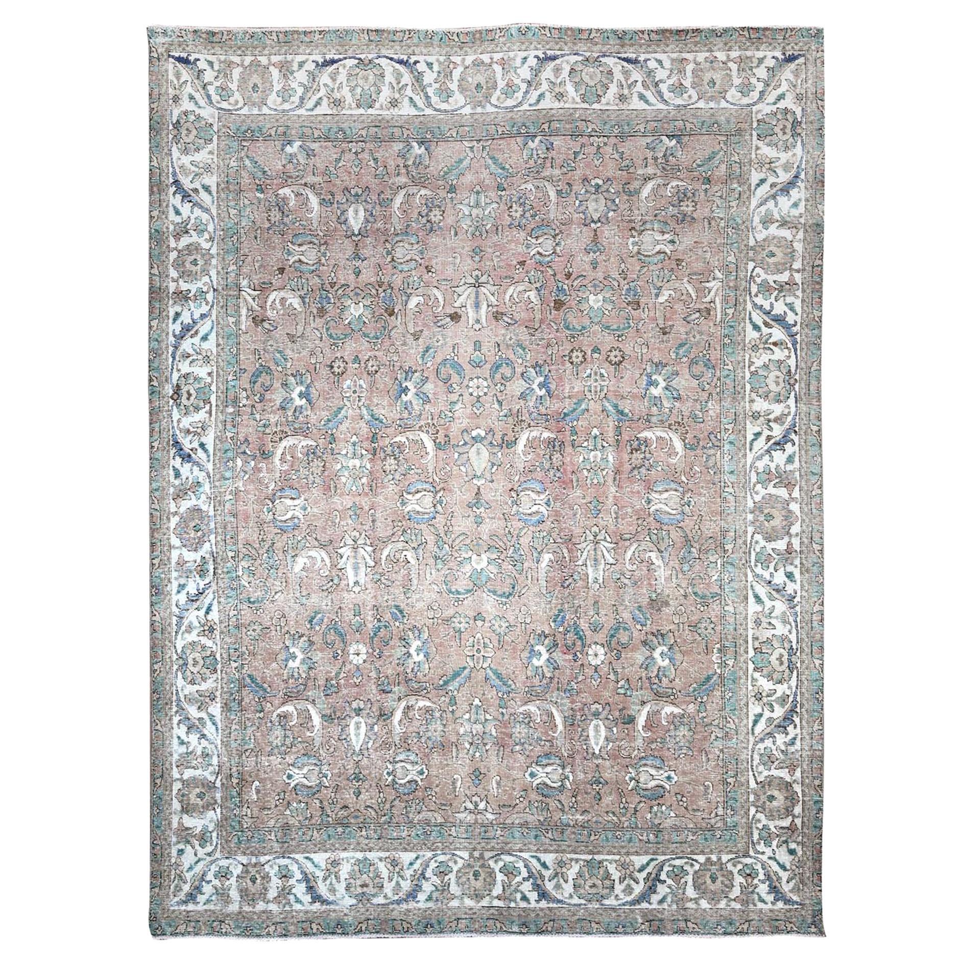 Brown Old Persian Tabriz Evenly Worn Wool Hand Knotted Distressed Look Clean Rug For Sale