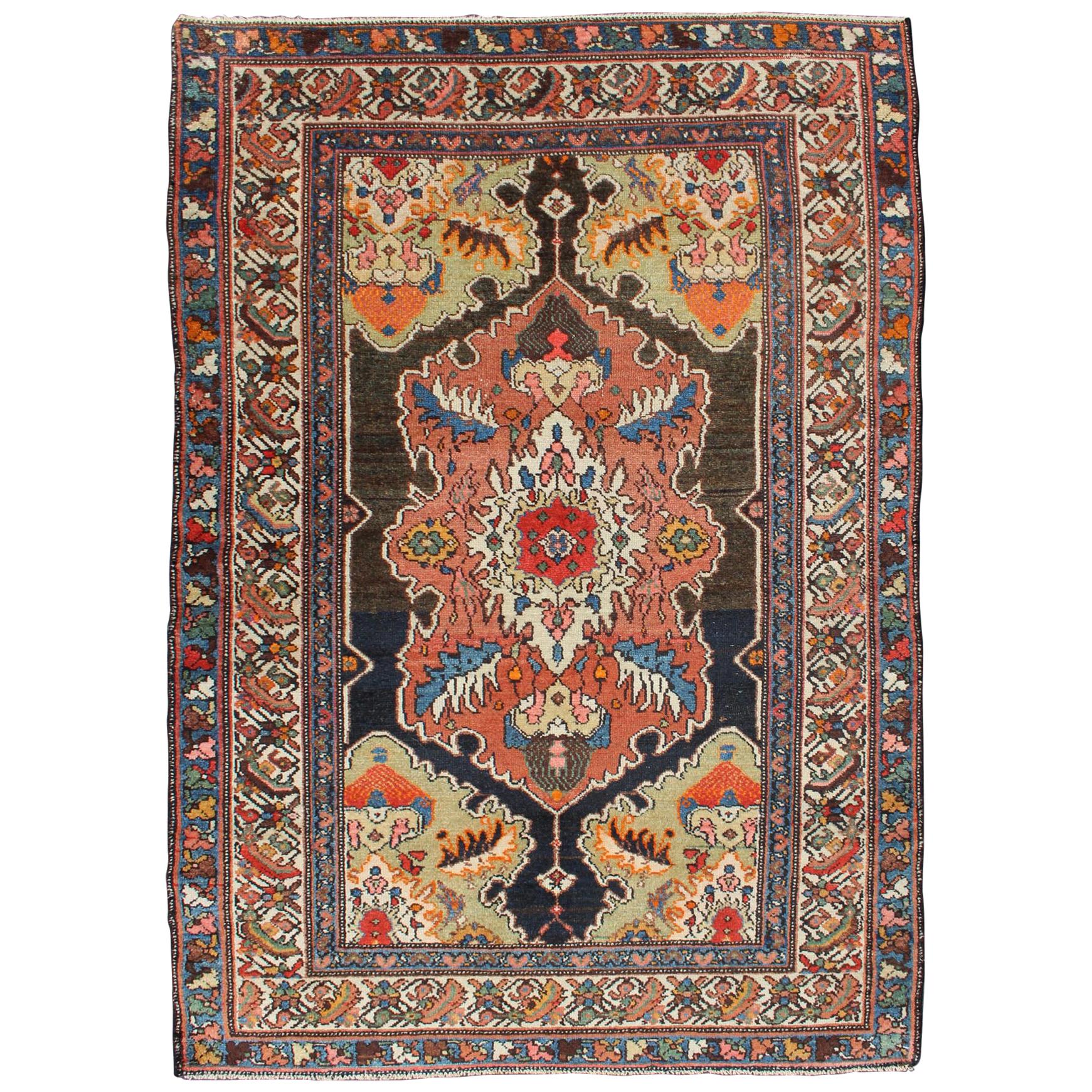 Brown, Olive and Terracotta Antique Persian Malayer Rug with Unique Design For Sale