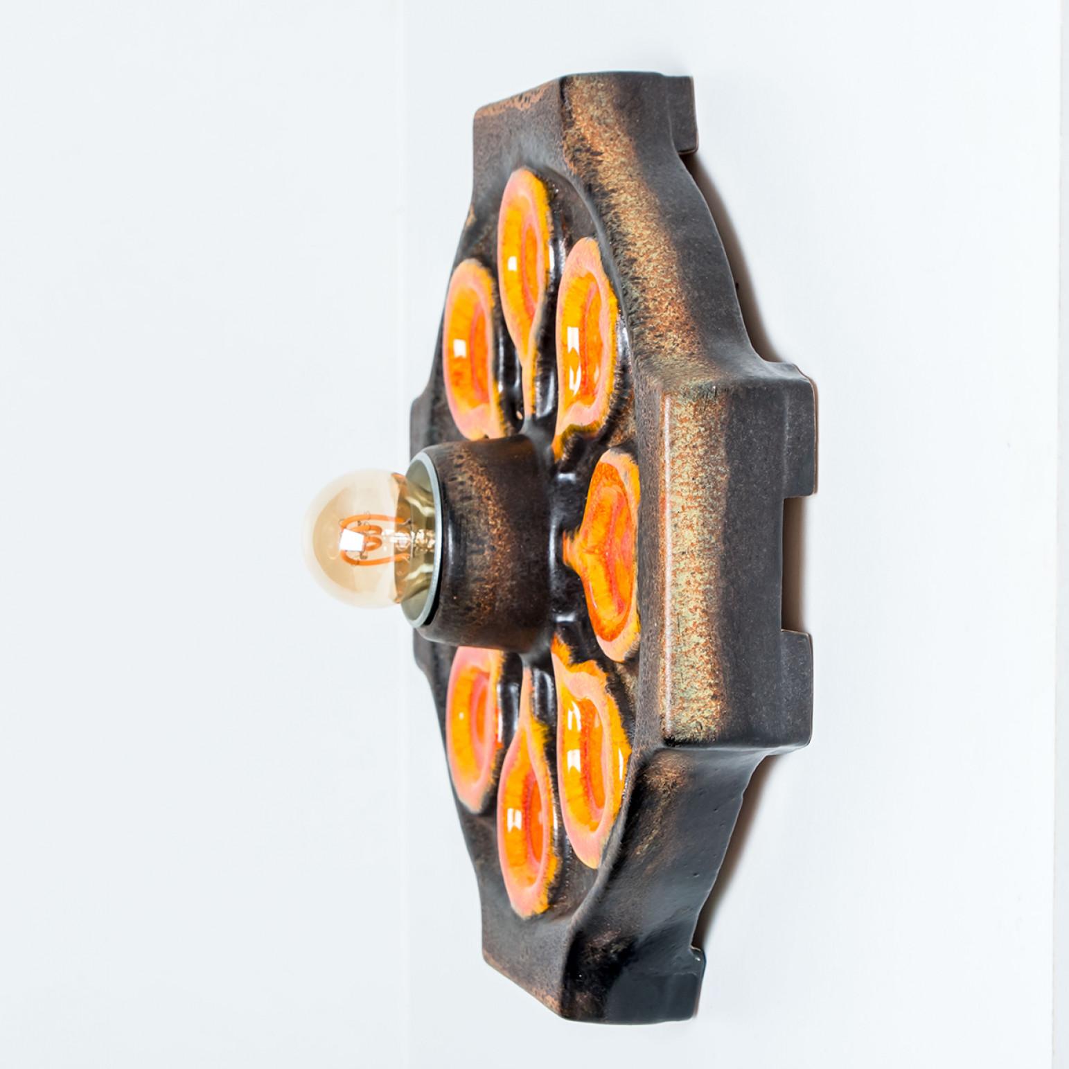 German Brown Orange Ceramic Wall Light, Denmark, 1970 For Sale