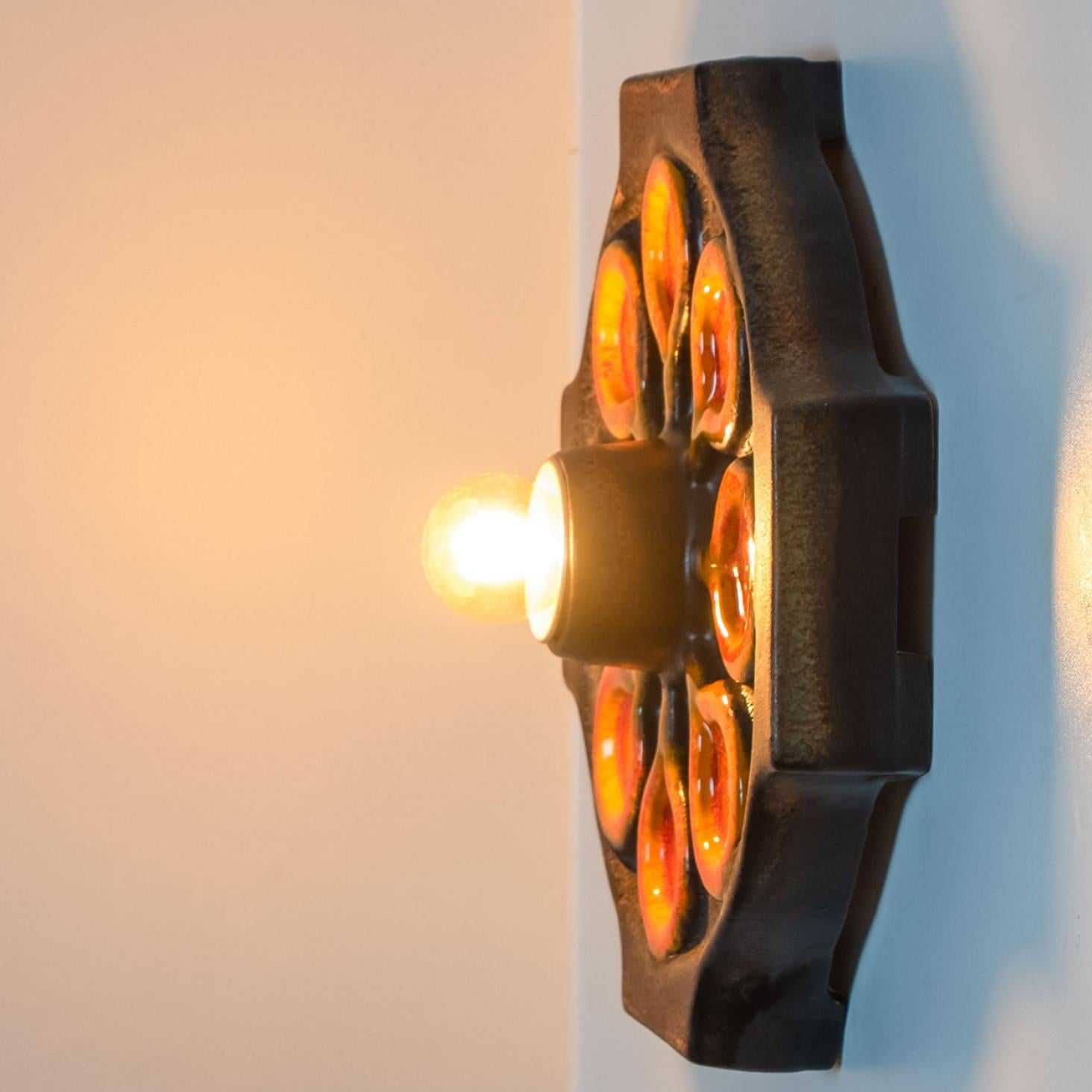 Brown Orange Ceramic Wall Light, Denmark, 1970 For Sale 1
