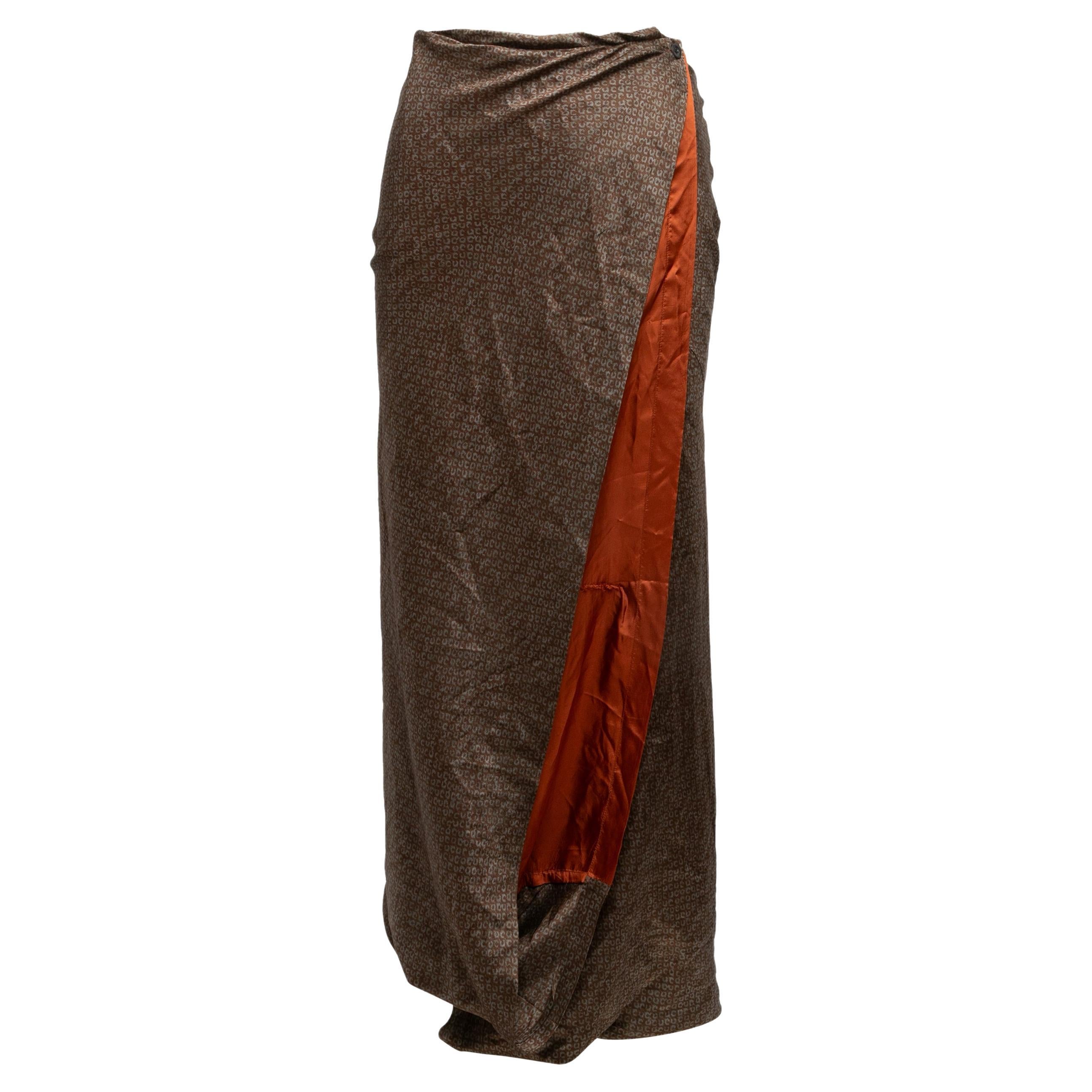 Brown & Orange Dries Van Noten Printed Silk Skirt Size FR 36 For Sale