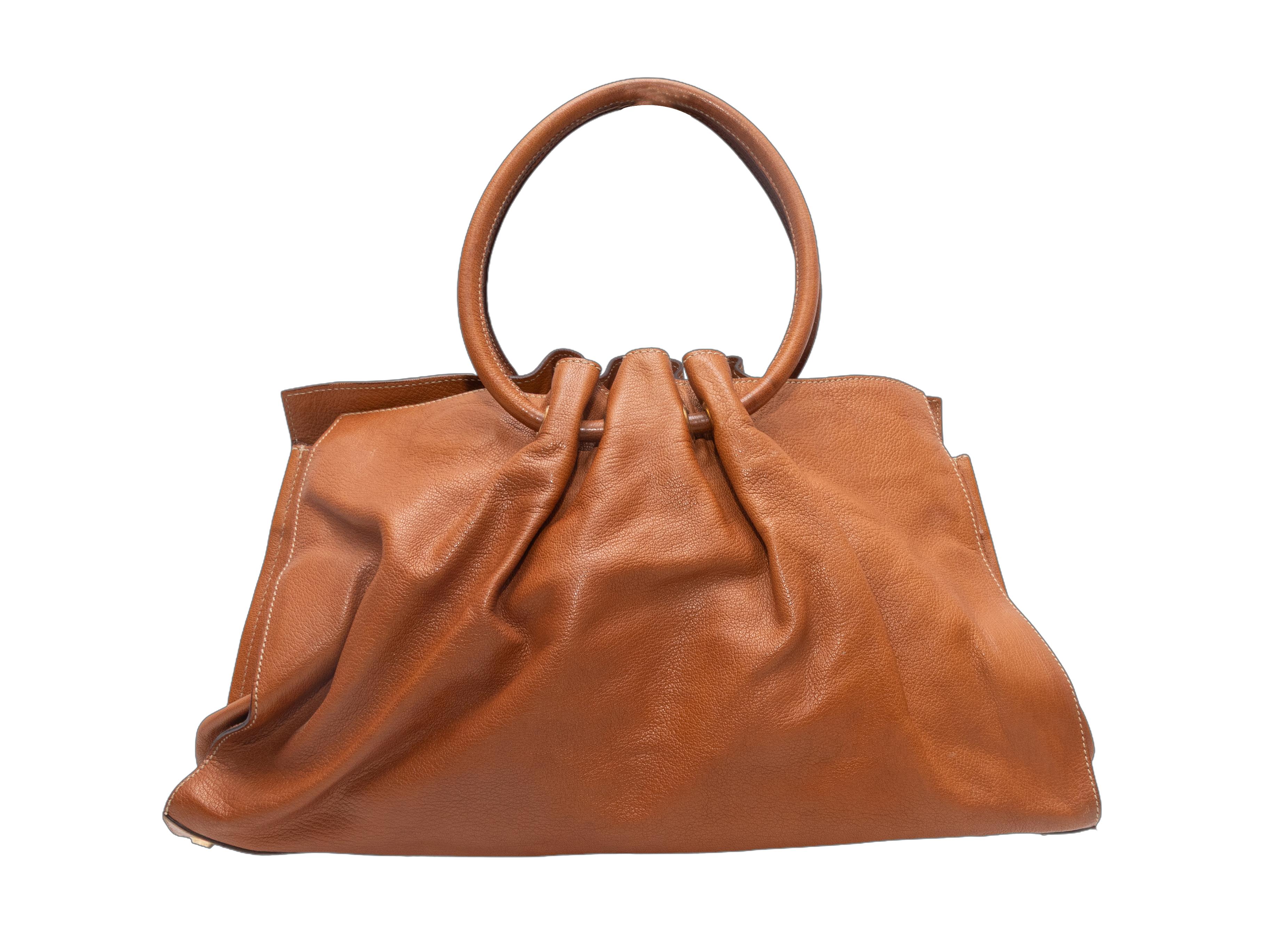 Braune Oscar de la Renta Leder-Tasche mit oberem Griff. Diese Tasche hat einen Korpus aus Leder, goldfarbene Beschläge und zwei runde Griffe oben. 18