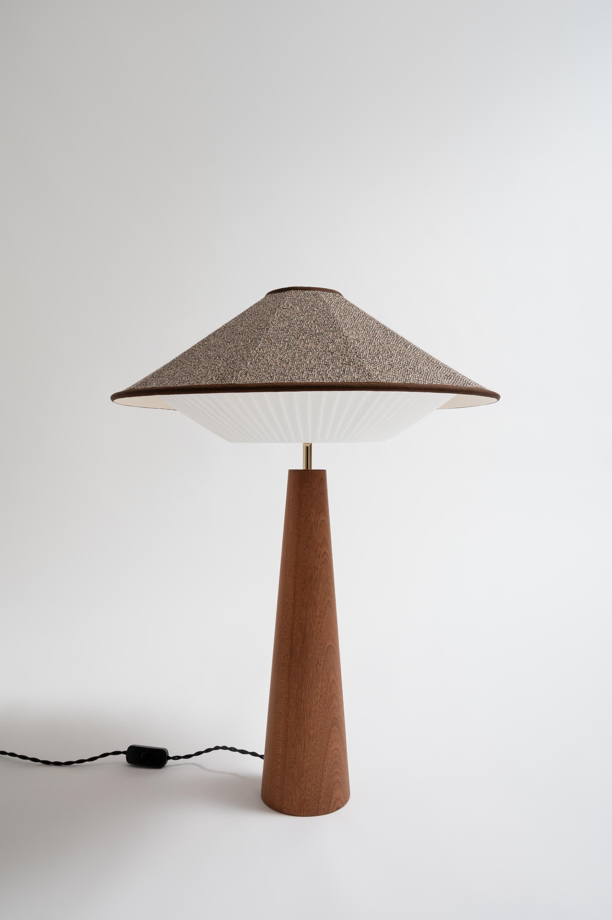 Brown Otto Table Lamp by Servomuto
Dimensions: D 50 x H 67 cm
Materials: Upper Lampshade: Rubelli / Dedar fabric. Lower Lampshade: Pleated pongé bends. Structure: Mahogany base and brass-plated iron details.
Weight: 3 Kg. 

Derived from the