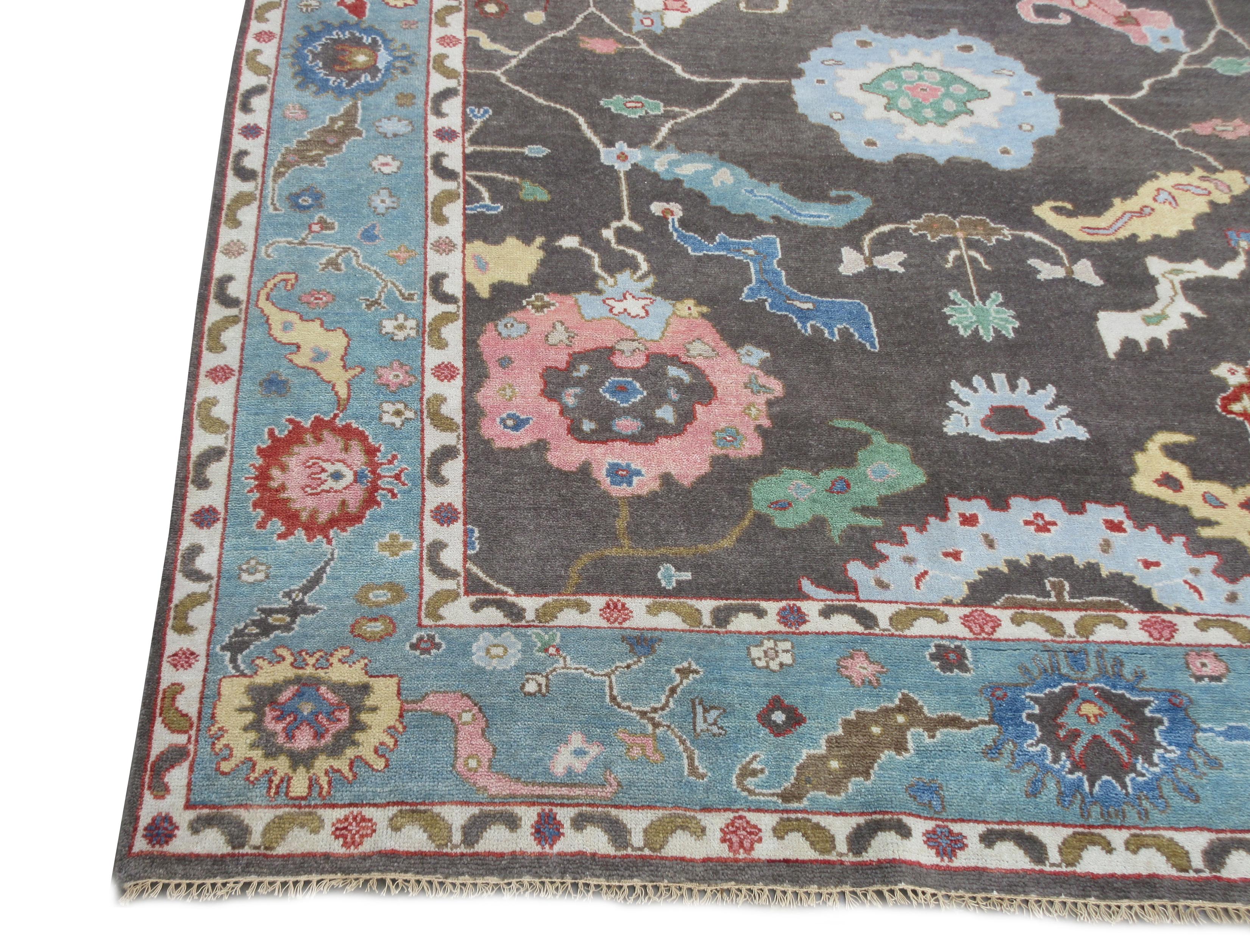 Hand-Knotted Brown Oushak Area Rug For Sale