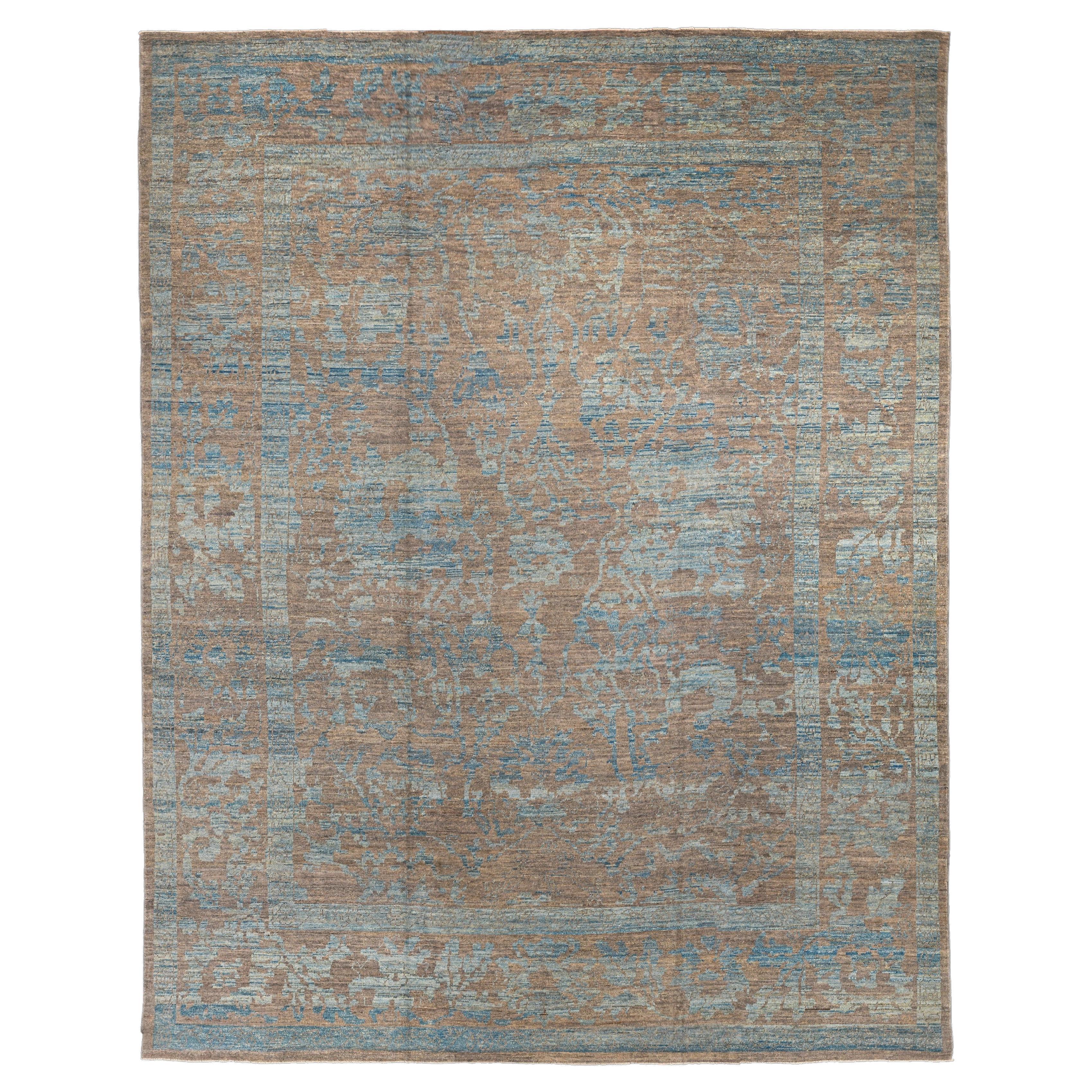 Brown Oushak Wool Hand Knotted Rug 12 ft x 15 ft 2, Slate Floral Lattice