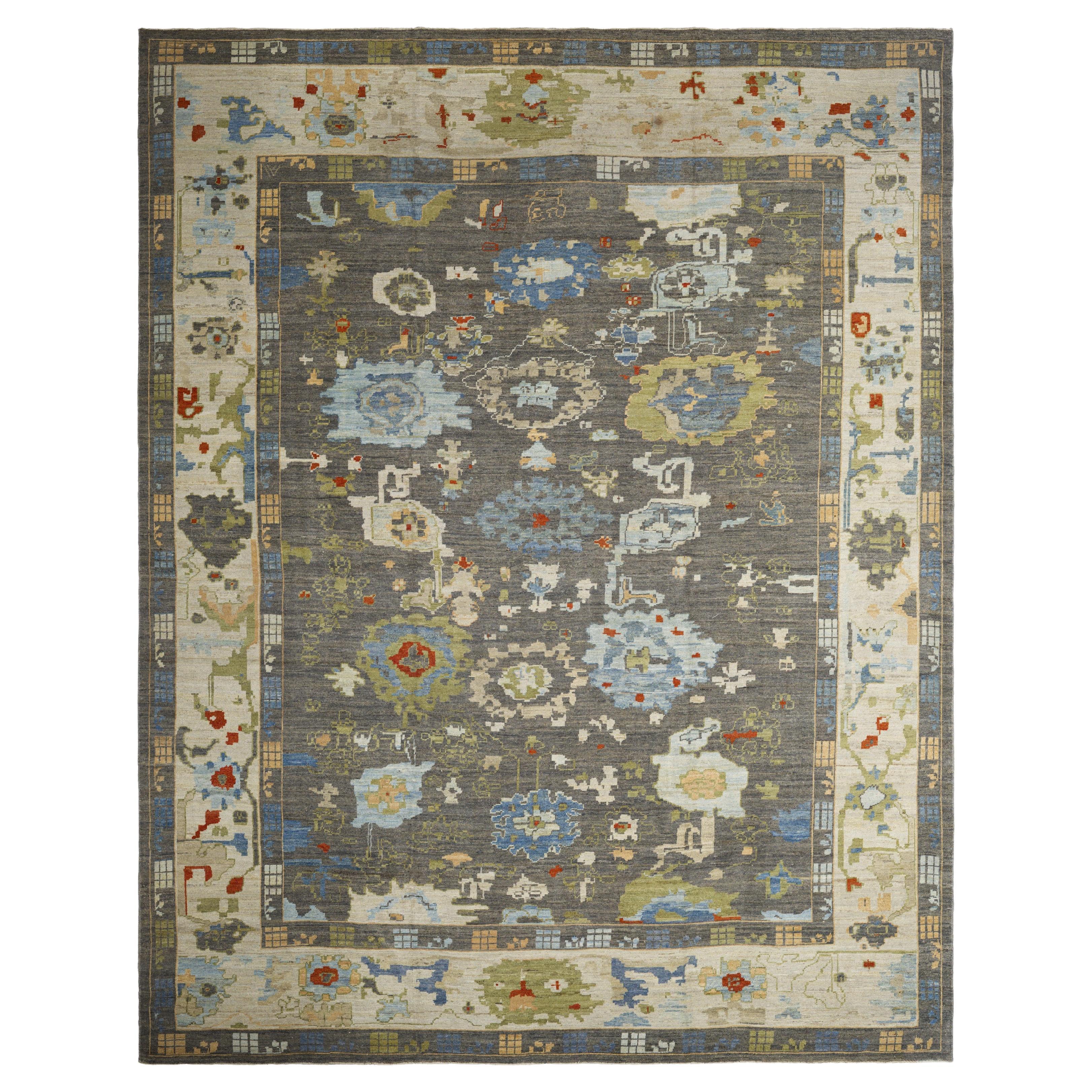 Brown Oushak Wool Hand Knotted Rug 12 ft x 15 ft, Tribal Floral Heritage