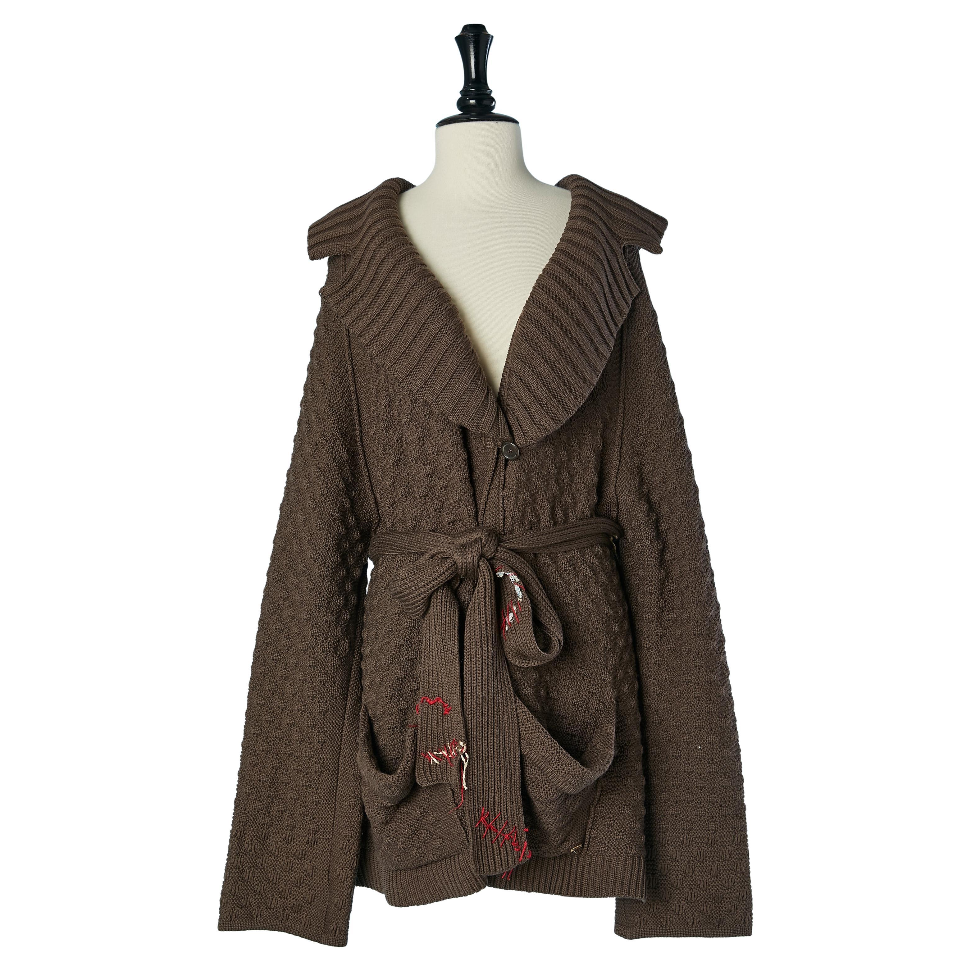 Brown oversize cardigan with threads embroidery on the belt Sonia Rykiel For Sale