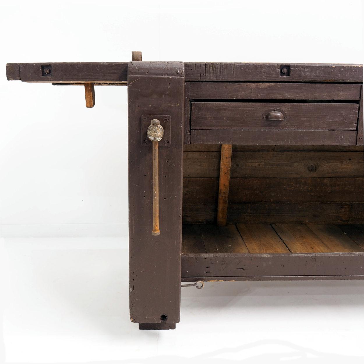 Mid-20th Century Brown painted workbench with shelf and drawers For Sale