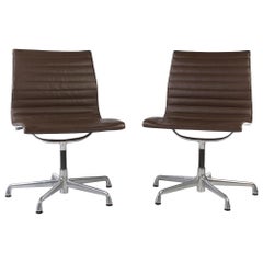 Brown Pair '2' Herman Miller Eames Ribbed EA330 ‘Meeting’ Aluminium Side Chairs