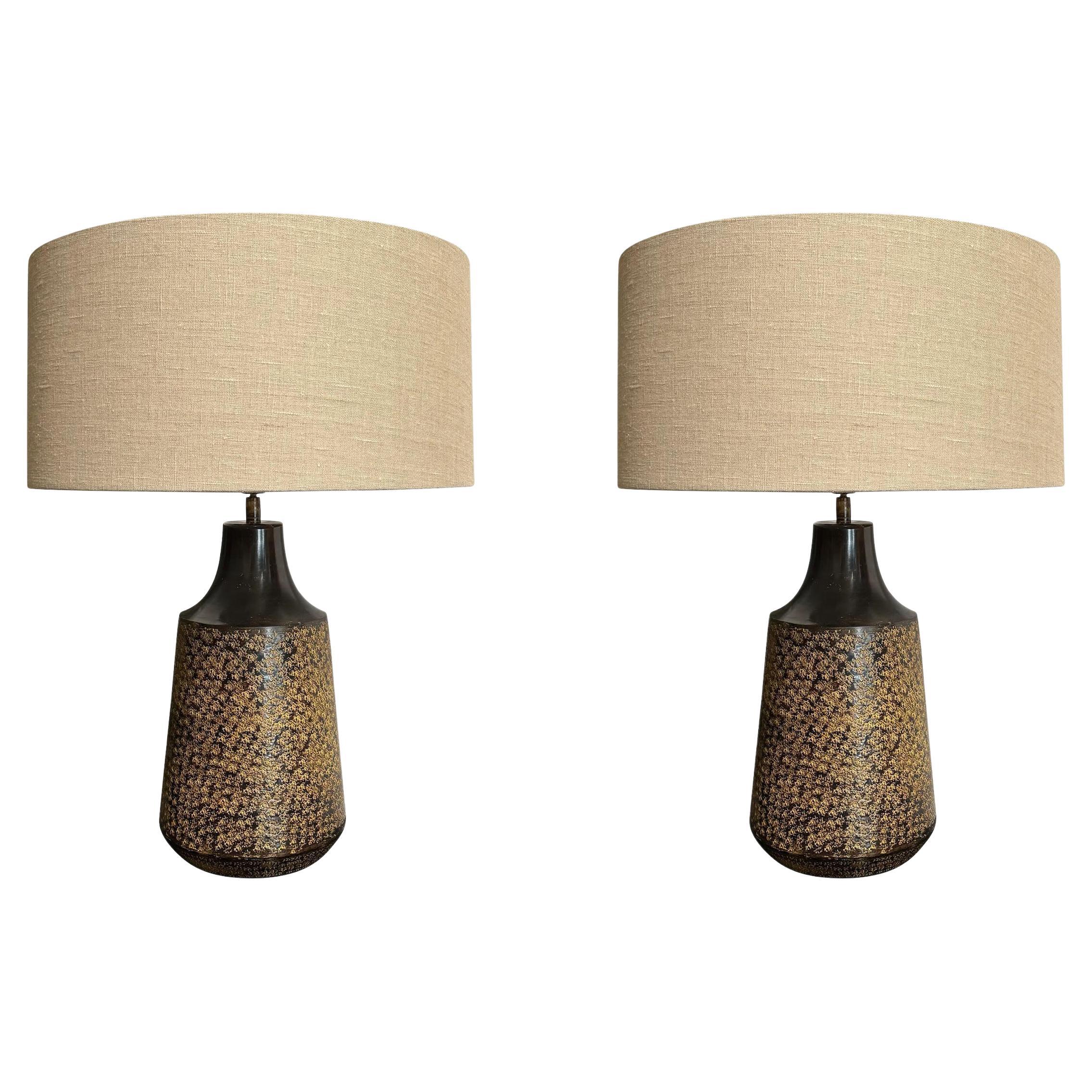 Brown Pair Textured Metal Lamps With Shades, China, Contemporary For Sale