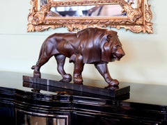 Brown Patinated Lion Sculpture Original Max Le Verrier in Bronze and Marble