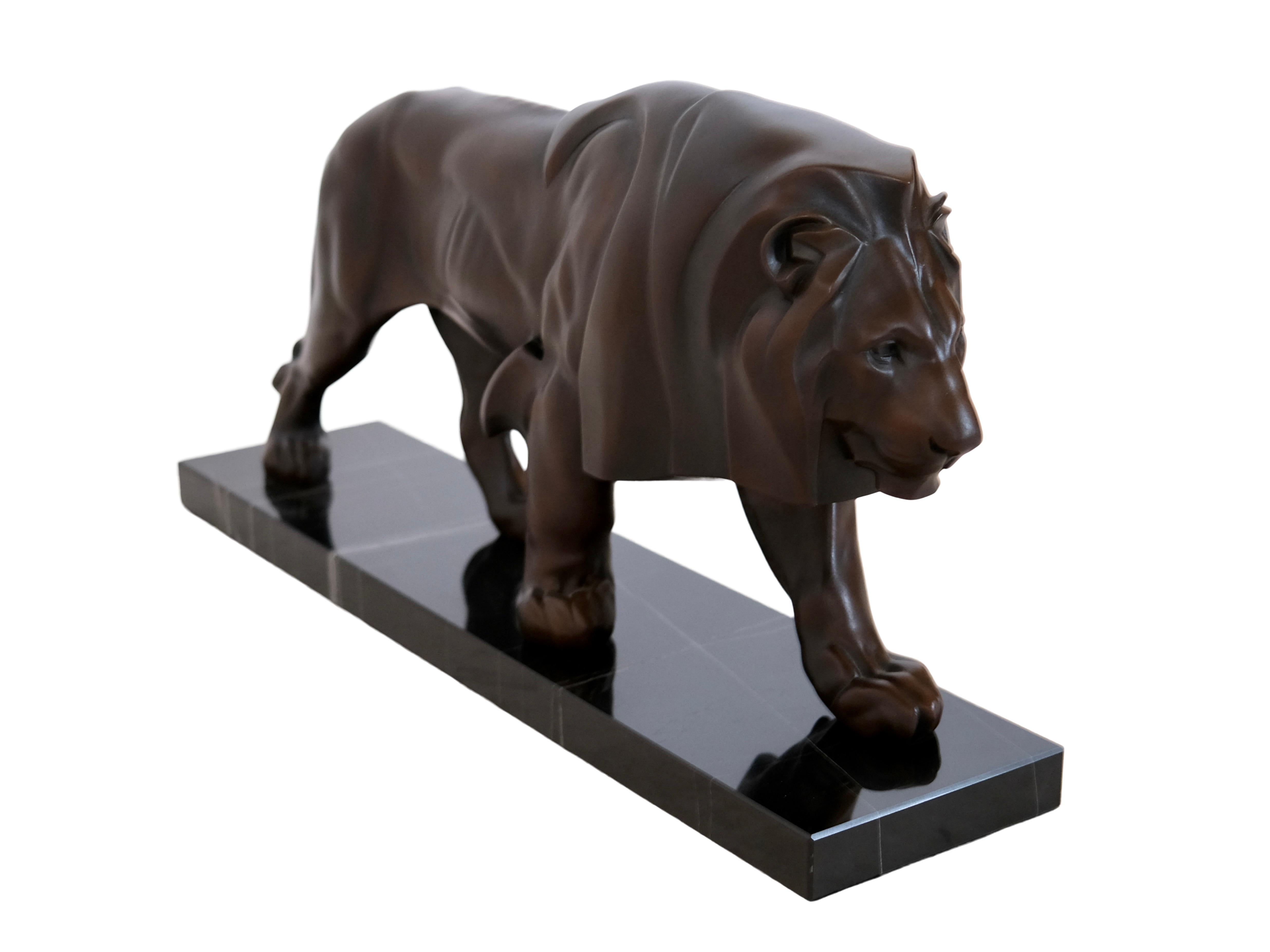 Art Deco Brown Patinated Lion Sculpture Original Max Le Verrier in Cast Iron and Marble For Sale