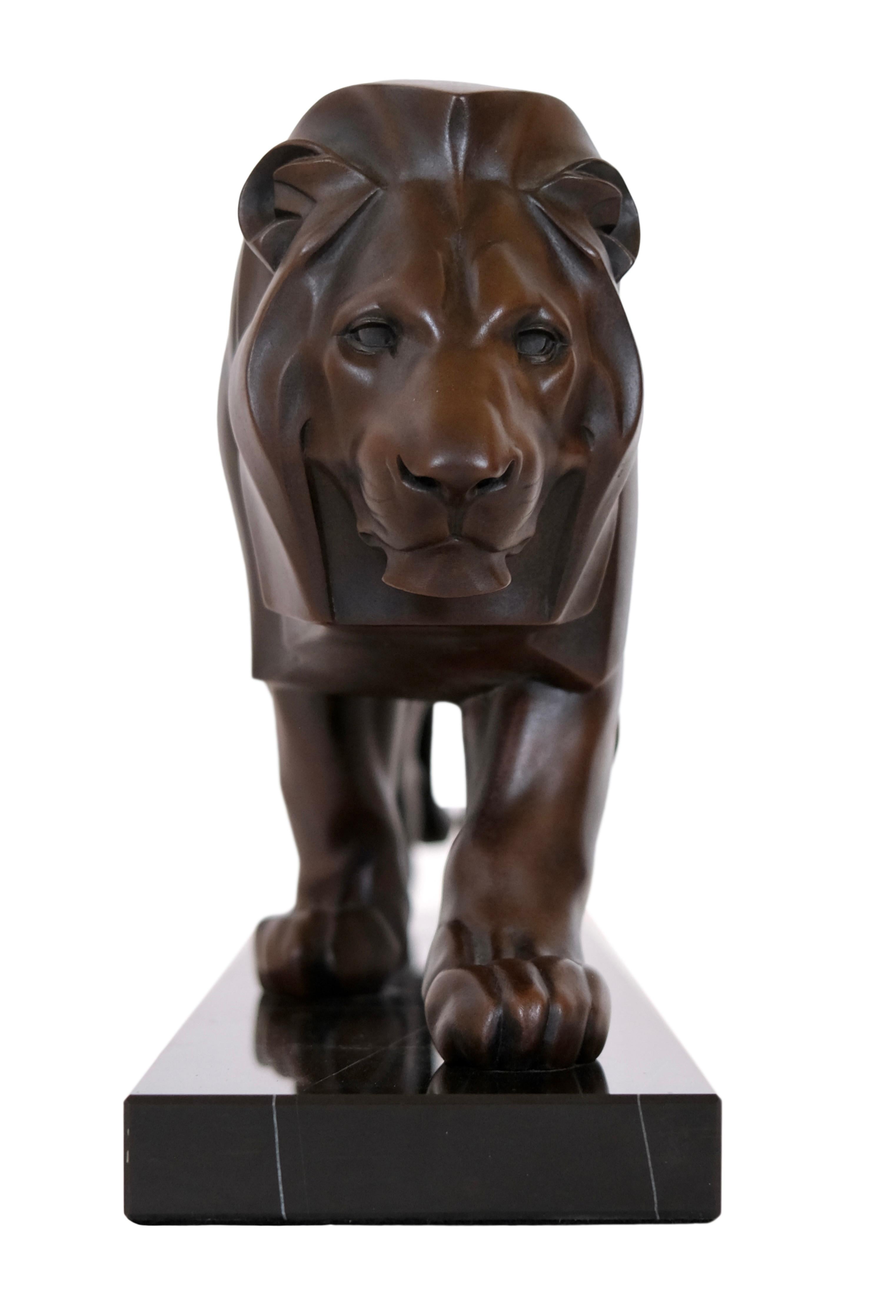 French Brown Patinated Lion Sculpture Original Max Le Verrier in Cast Iron and Marble For Sale