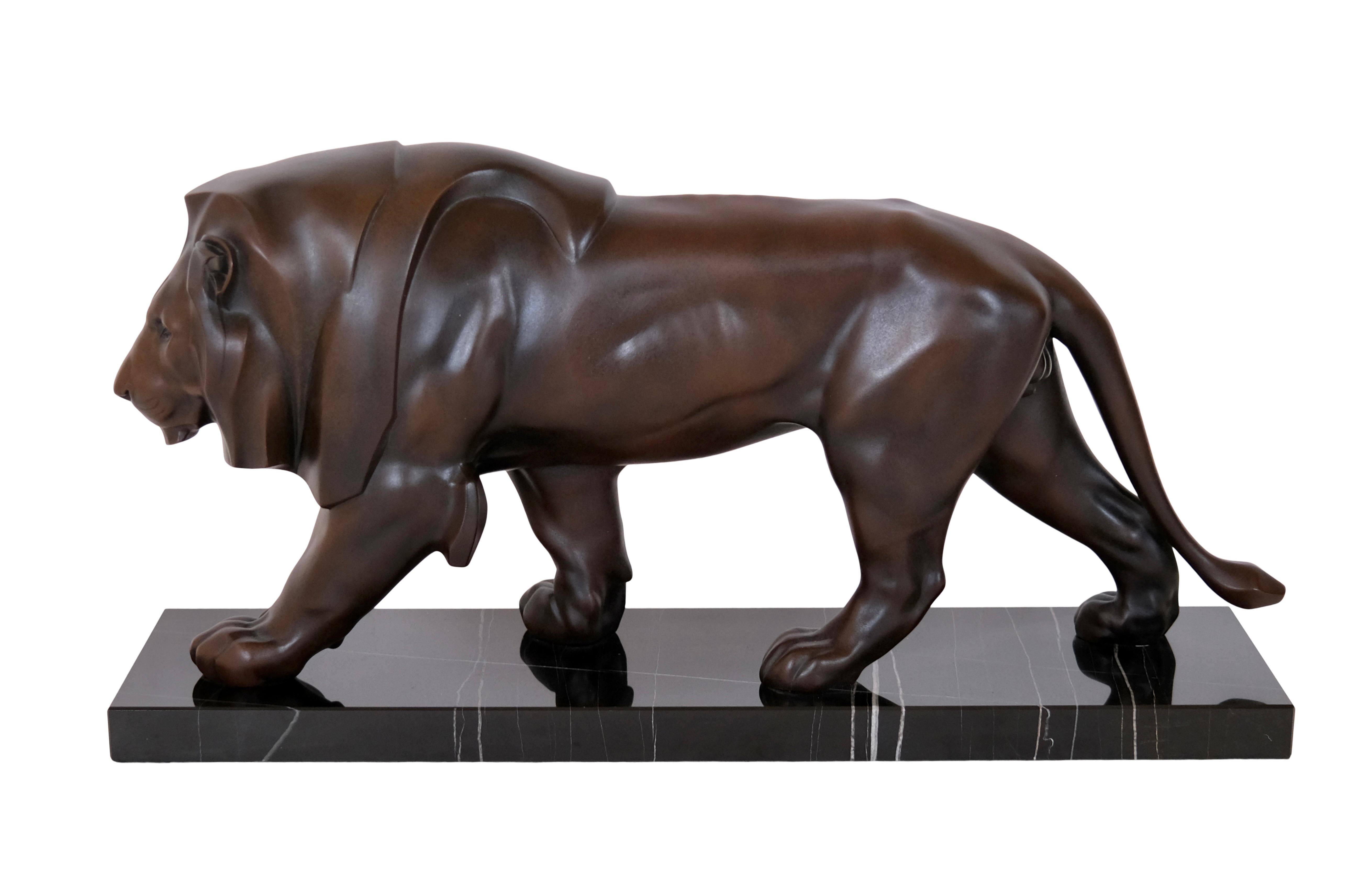 Contemporary Brown Patinated Lion Sculpture Original Max Le Verrier in Cast Iron and Marble For Sale