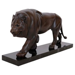 Brown Patinated Lion Sculpture Original Max Le Verrier in Spelter and Marble