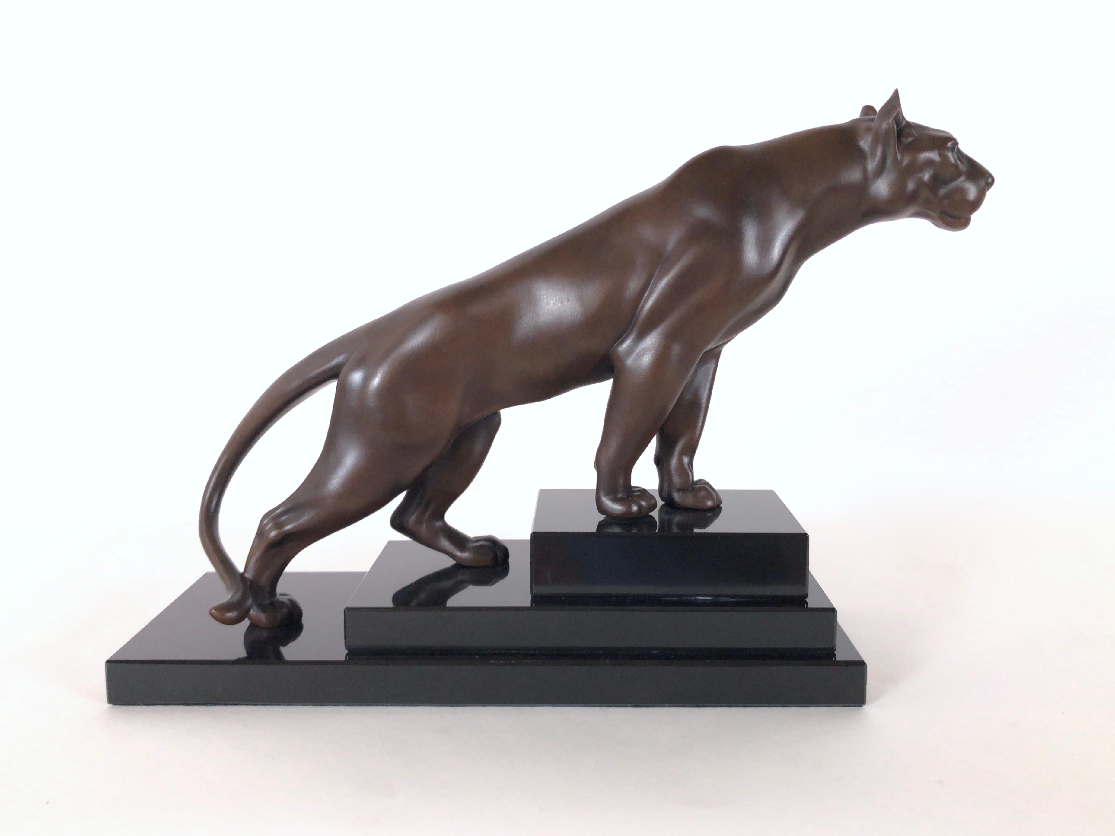 Art Deco Brown Patinated Panther Sculpture Jungle Original Max Le Verrier Spelter Marble