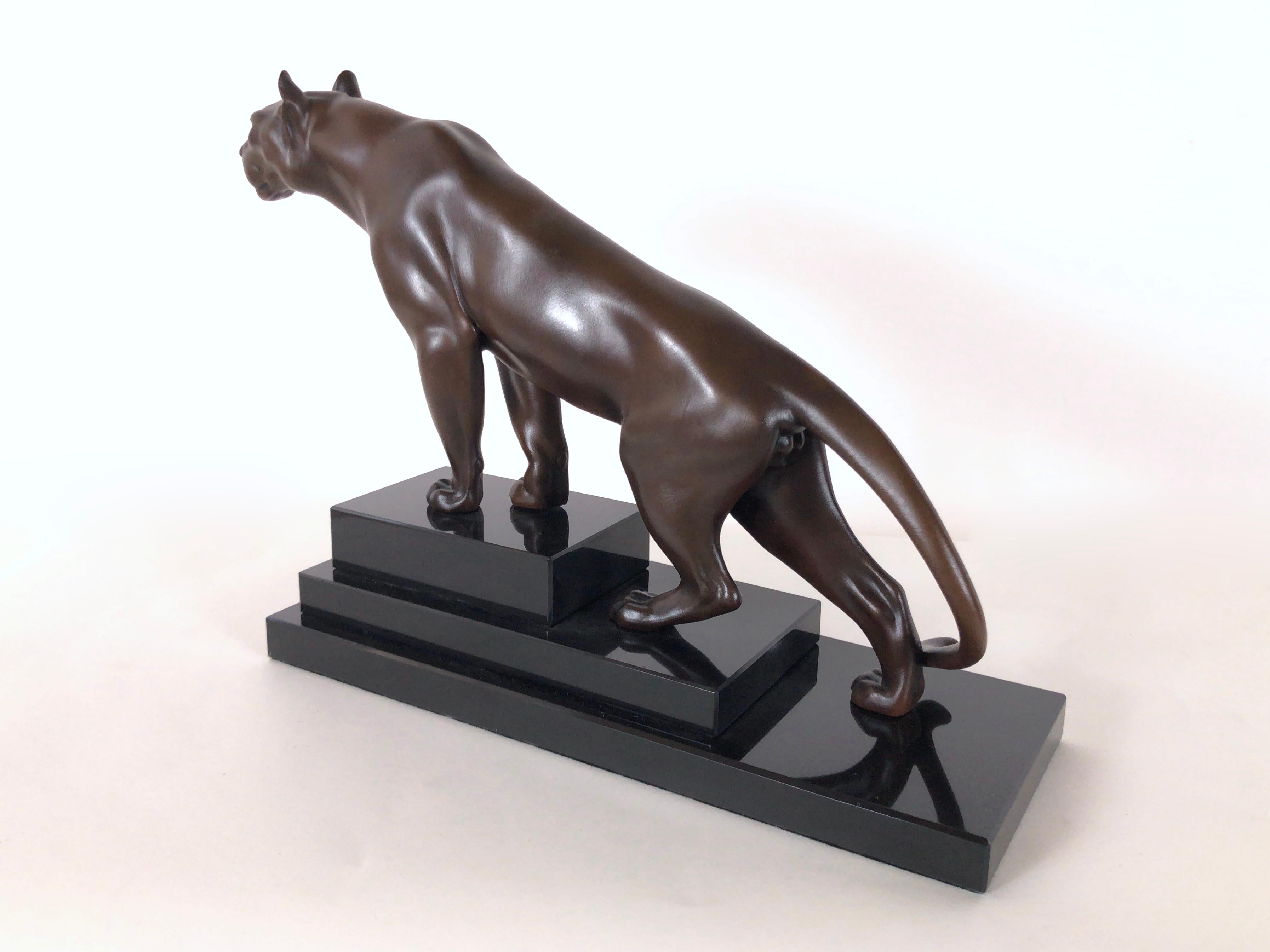 French Brown Patinated Panther Sculpture Jungle Original Max Le Verrier Spelter Marble