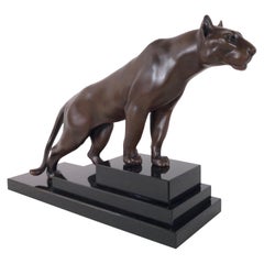 Brown Patinated Panther Sculpture Jungle Original Max Le Verrier Spelter Marble