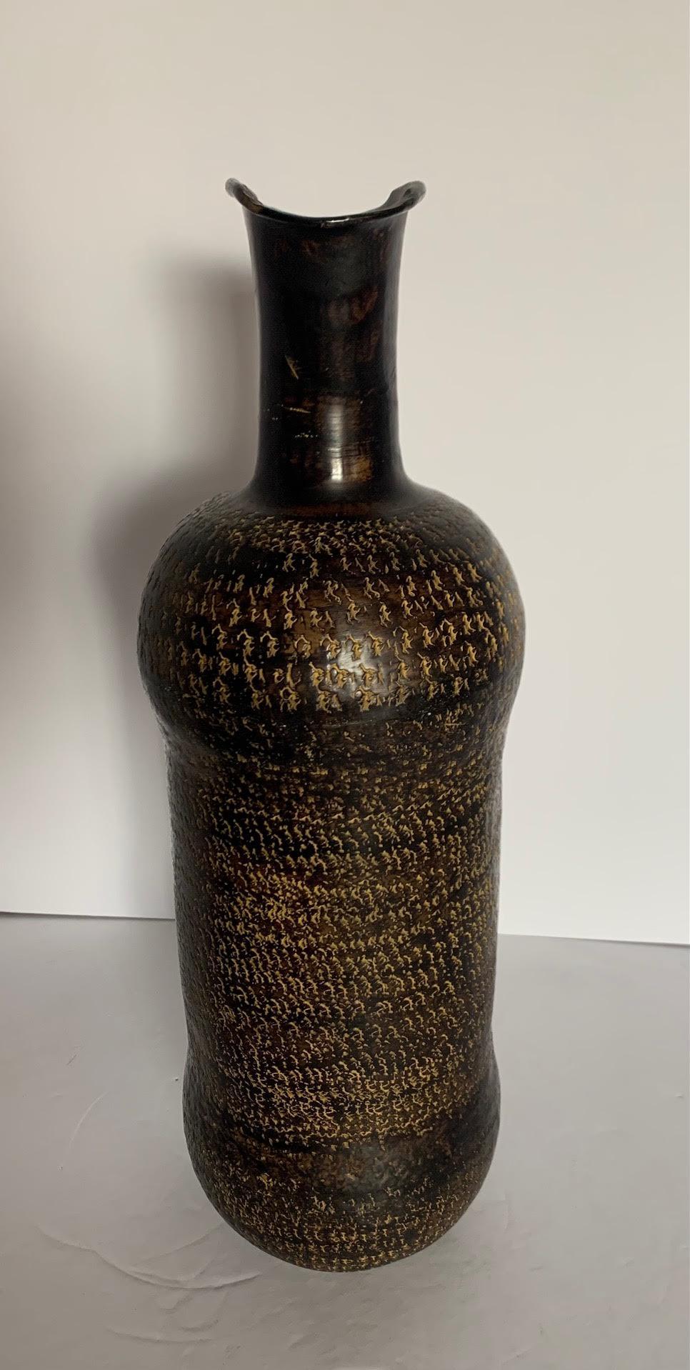 Indian Brown Patterned Metal Vase, India, Contemporary For Sale