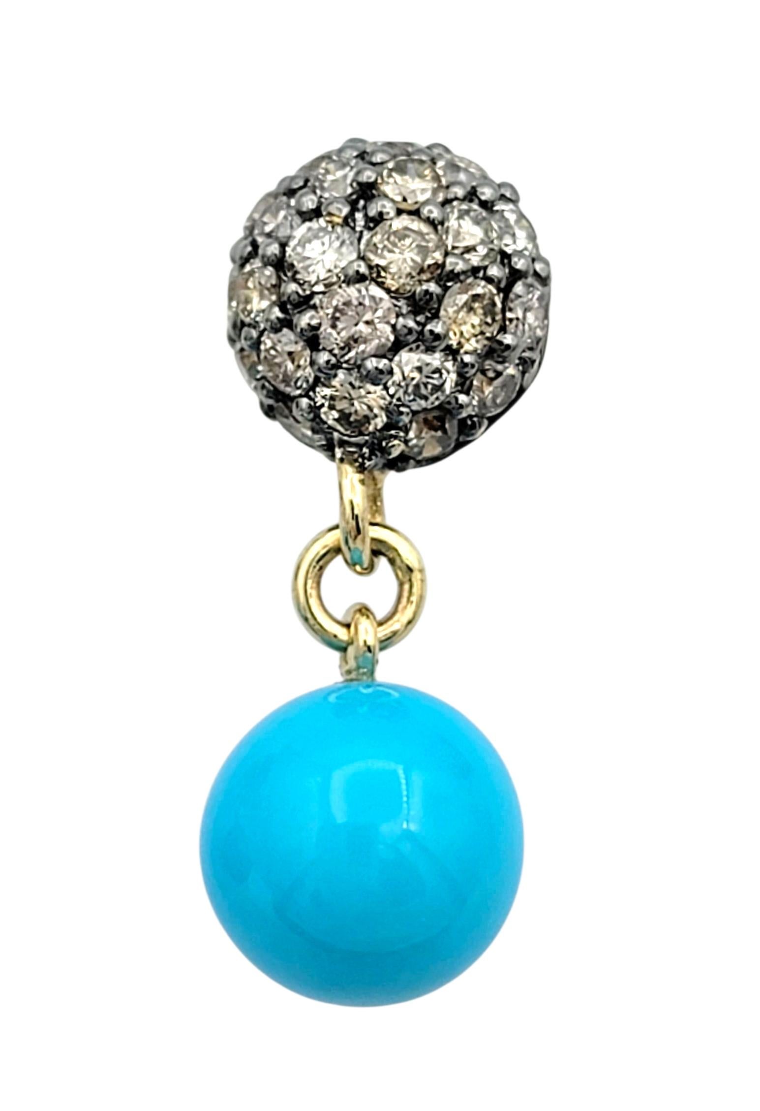 Contemporaneo Orecchini a goccia con pavé di diamanti e turchese marrone in oro giallo 14 carati in vendita