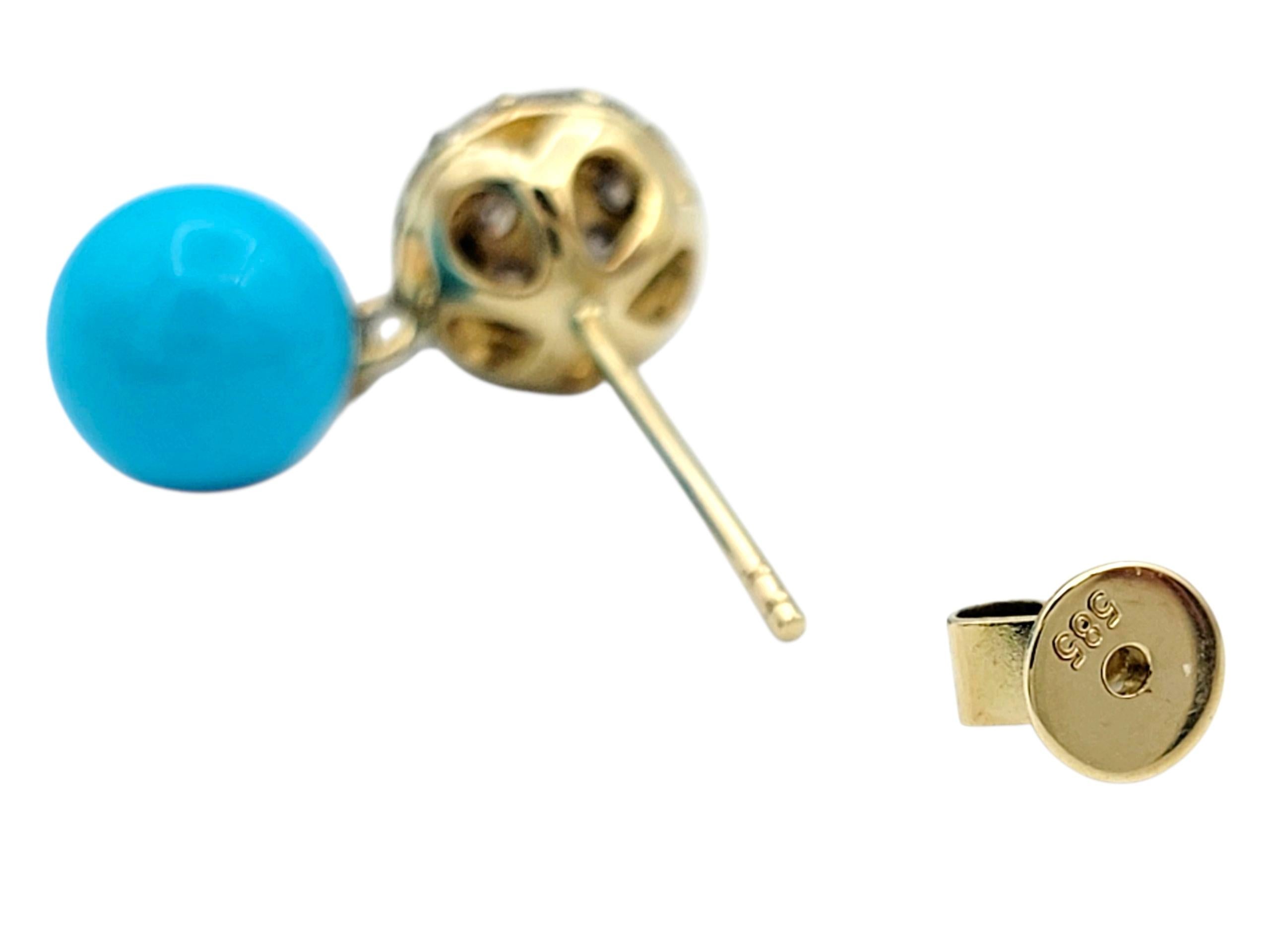 Orecchini a goccia con pavé di diamanti e turchese marrone in oro giallo 14 carati In condizioni buone in vendita a Scottsdale, AZ