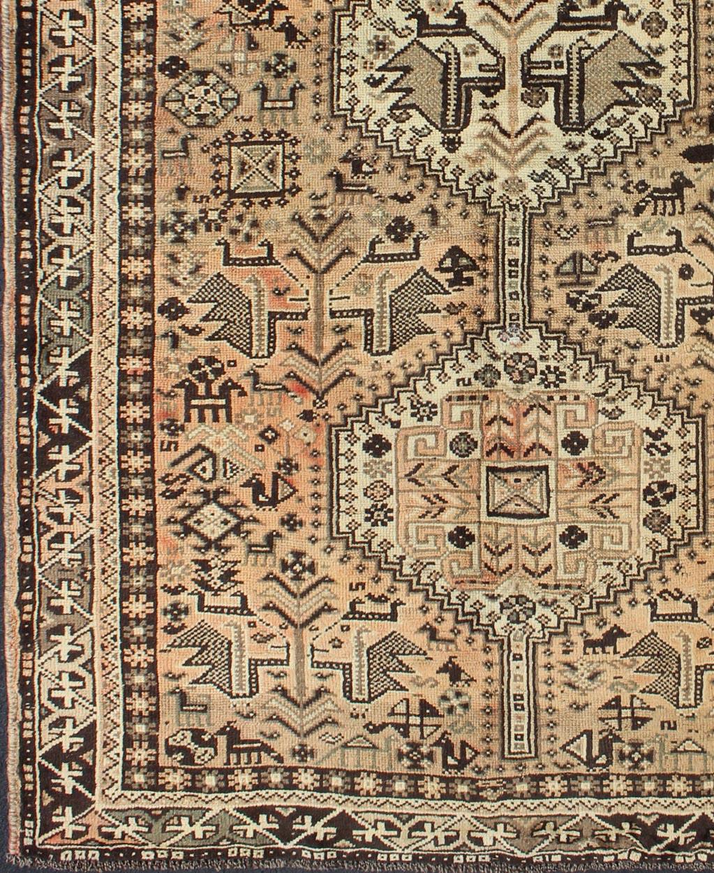 Tribal Brown Peach Vintage Persian Shiraz Rug with Vertical Sub-Geometric Medallions For Sale