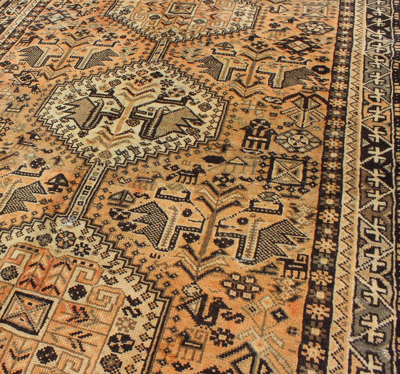 Hand-Knotted Brown Peach Vintage Persian Shiraz Rug with Vertical Sub-Geometric Medallions For Sale