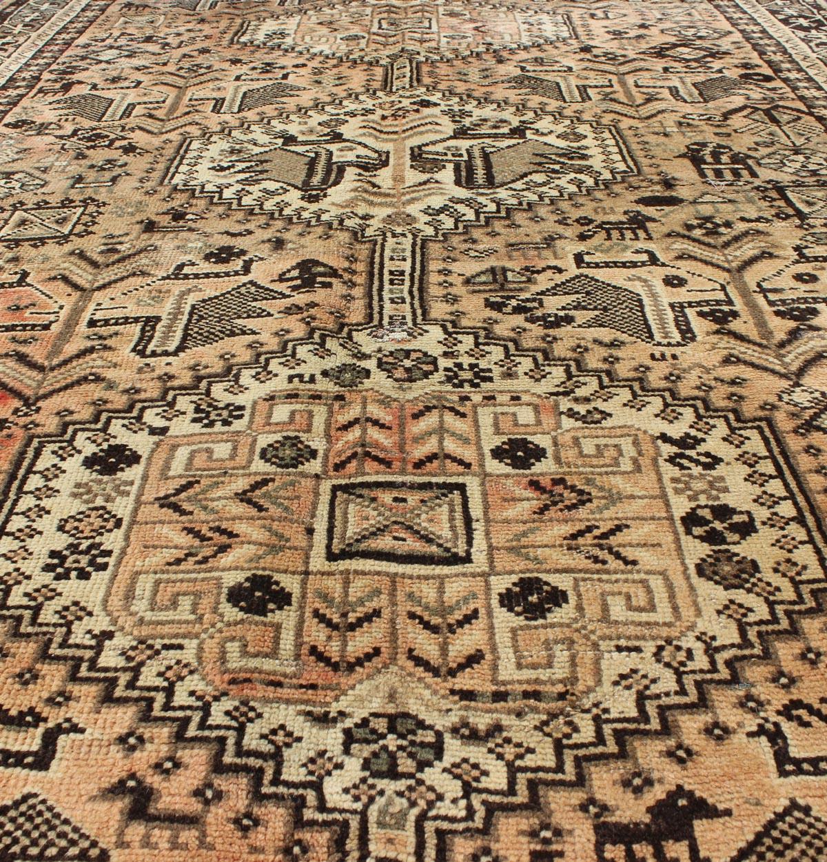 20th Century Brown Peach Vintage Persian Shiraz Rug with Vertical Sub-Geometric Medallions For Sale