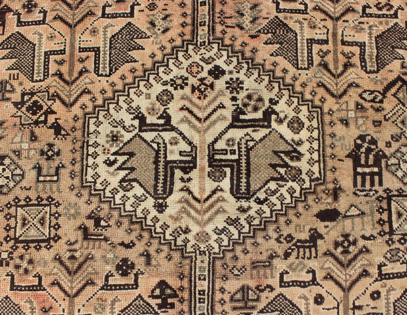 Wool Brown Peach Vintage Persian Shiraz Rug with Vertical Sub-Geometric Medallions For Sale