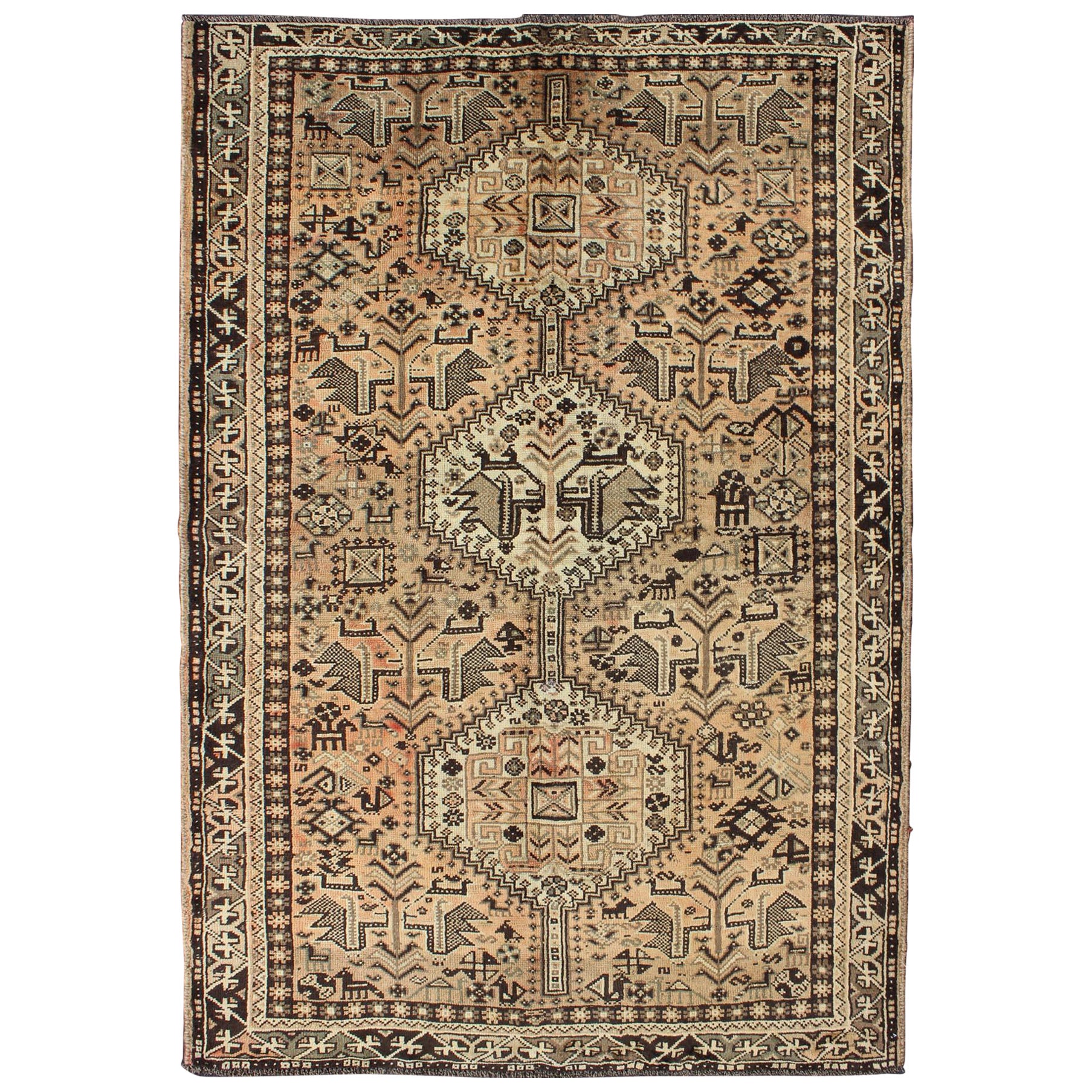 Tappeto Shiraz persiano vintage marrone pesca con medaglioni verticali sub-geometrici
