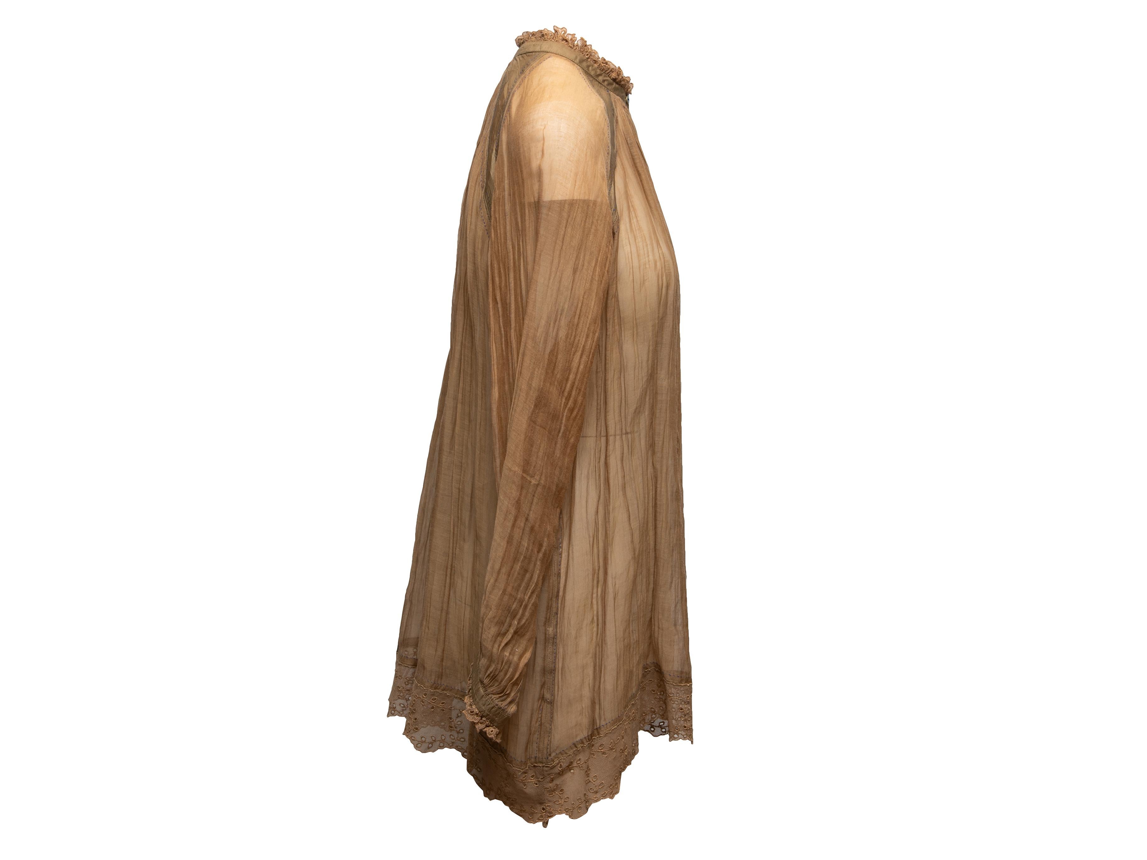 Product Details: Brown silk and cotton-blend sheer mini dress by Pero. Crew neck. Long sleeves. Button closures at front. 46