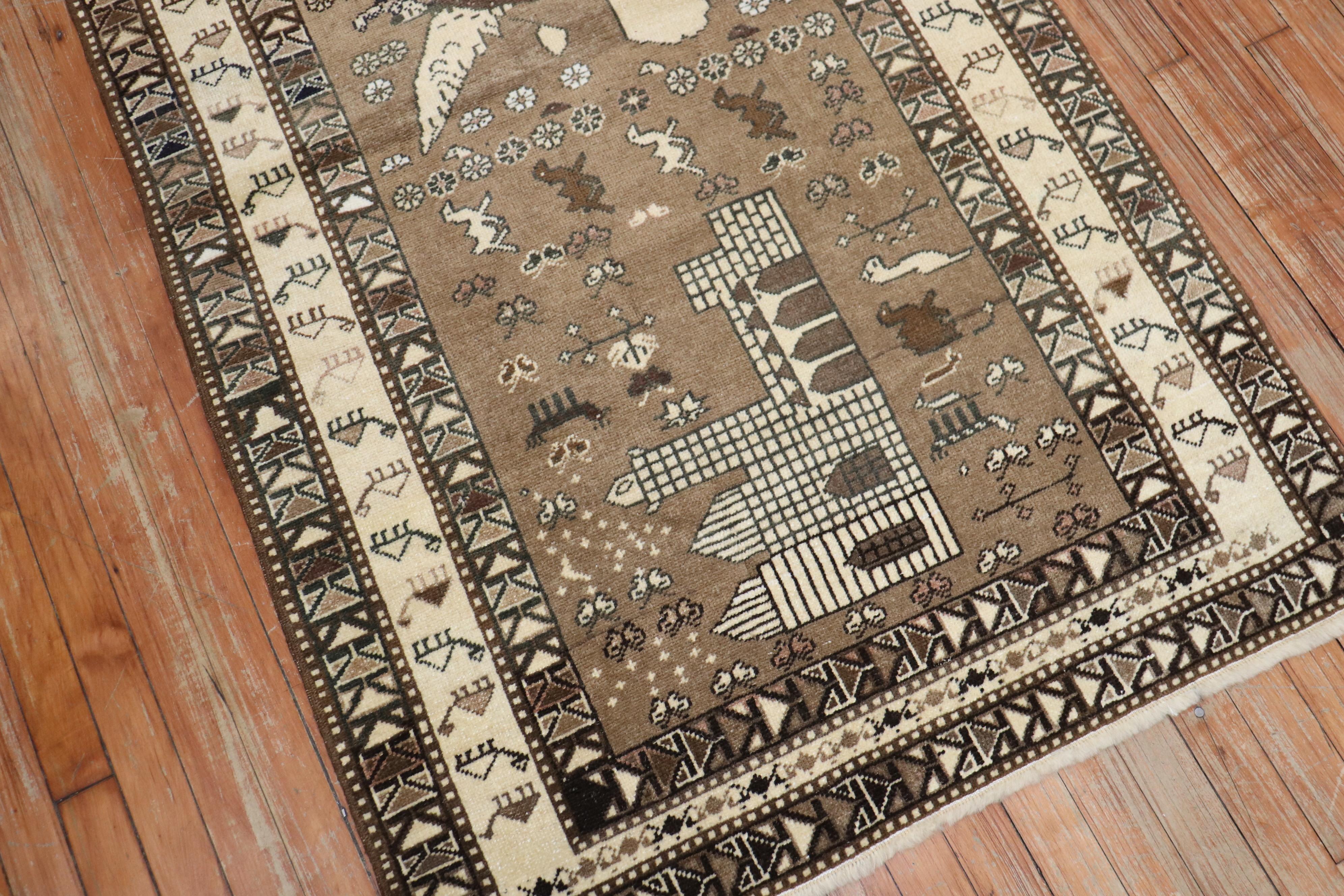 Hand-Knotted Brown Persian Pictorial Rug
