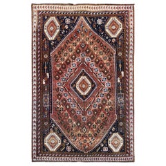 Brown Persian Qashqai Handmade Vintage Cropped Thin Bohemian Wool Rug