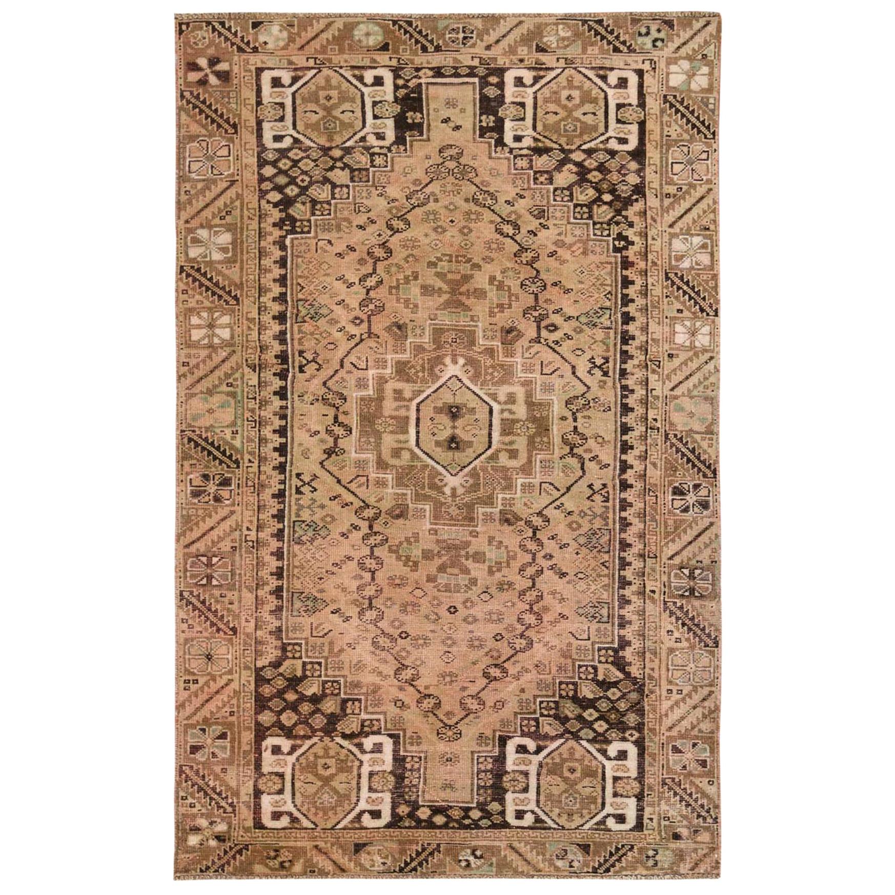 Brown Persian Qashqai Worn Down Bohemian Old Organic Wool Handmade Rug