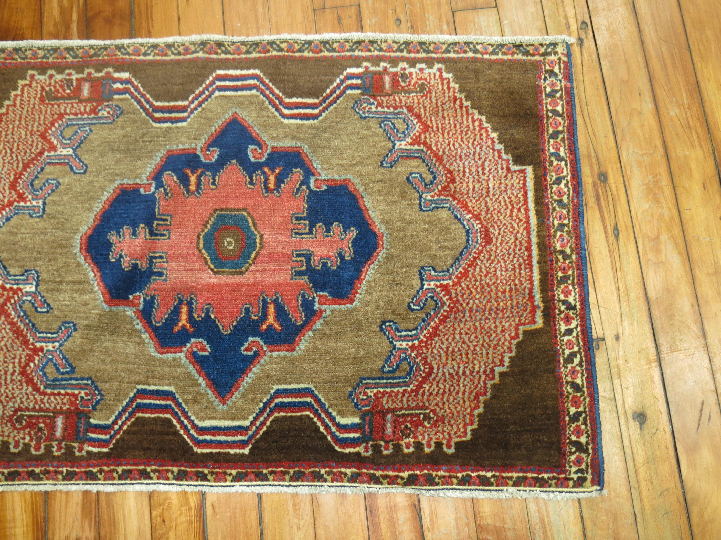 Antique Persian Senneh rug mat. The motif is quite compelling. Primitive and Masculine.


Antique Senneh rugs are one of the most distinctive of all Persian rugs, even though the designs are often similar to Bidjar rugs and Tabriz rugs but just