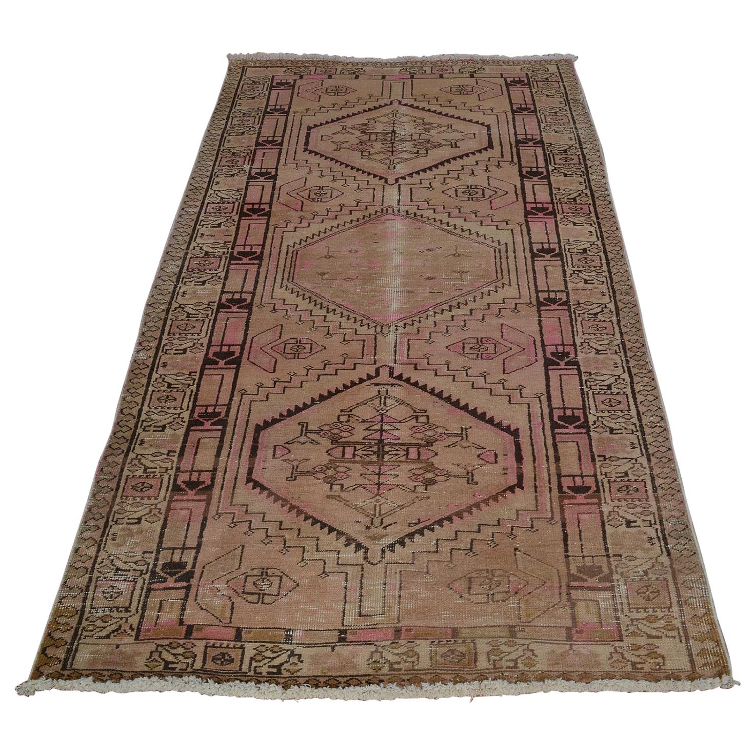 Brown Persian Serab Old and Worn Down Runner Hand Knotted Oriental Rug