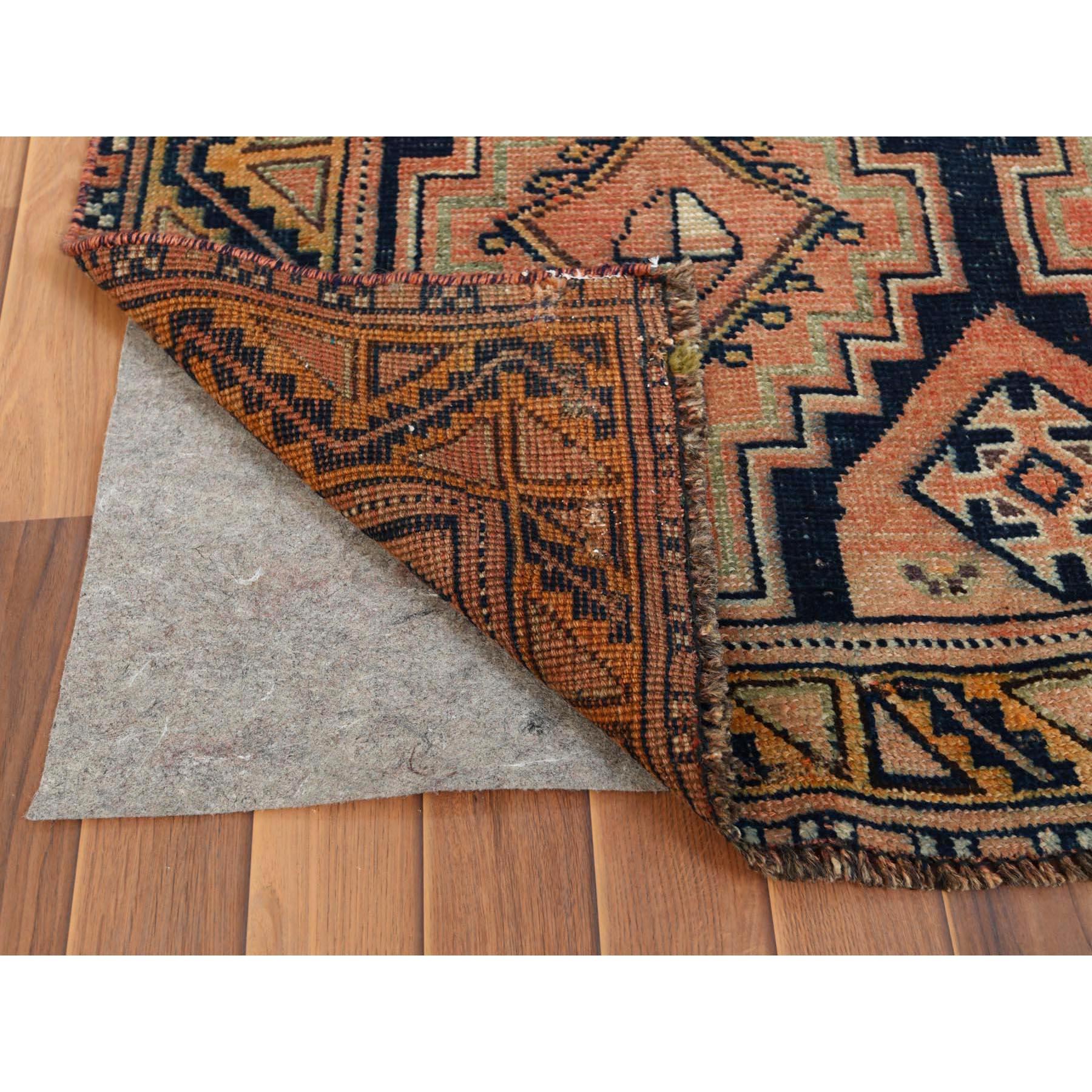Medieval Brown Persian Shiraz Geometric Design Worn Down Wide Runner Handmade Rug