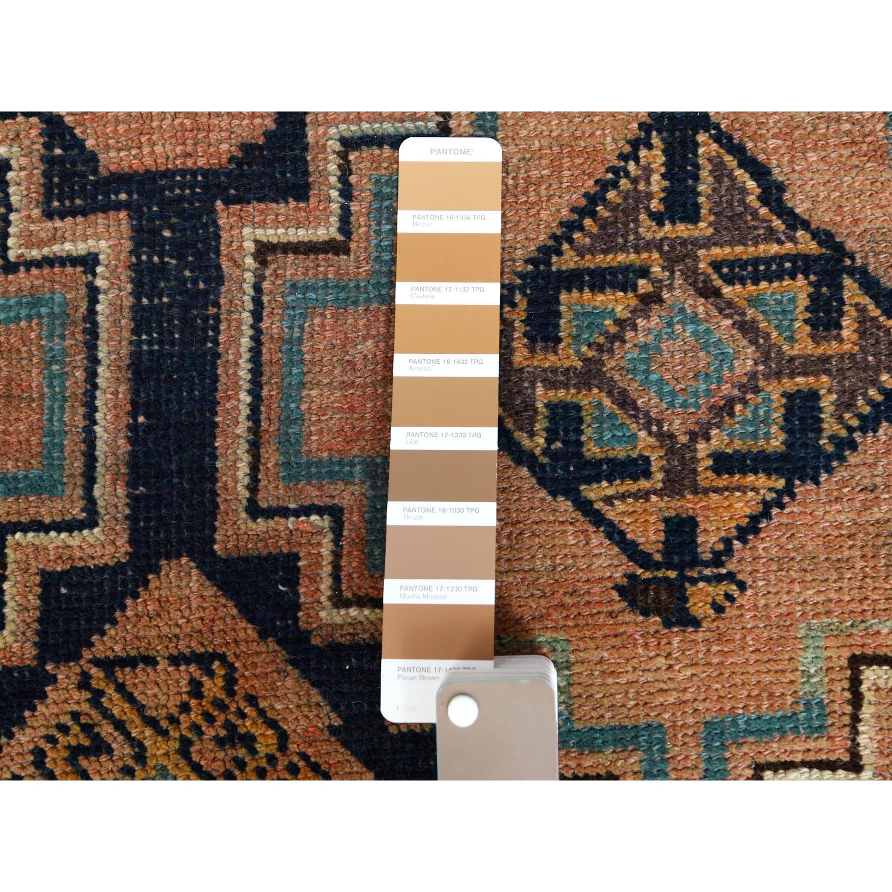 Hand-Knotted Brown Persian Shiraz Geometric Design Worn Down Wide Runner Handmade Rug
