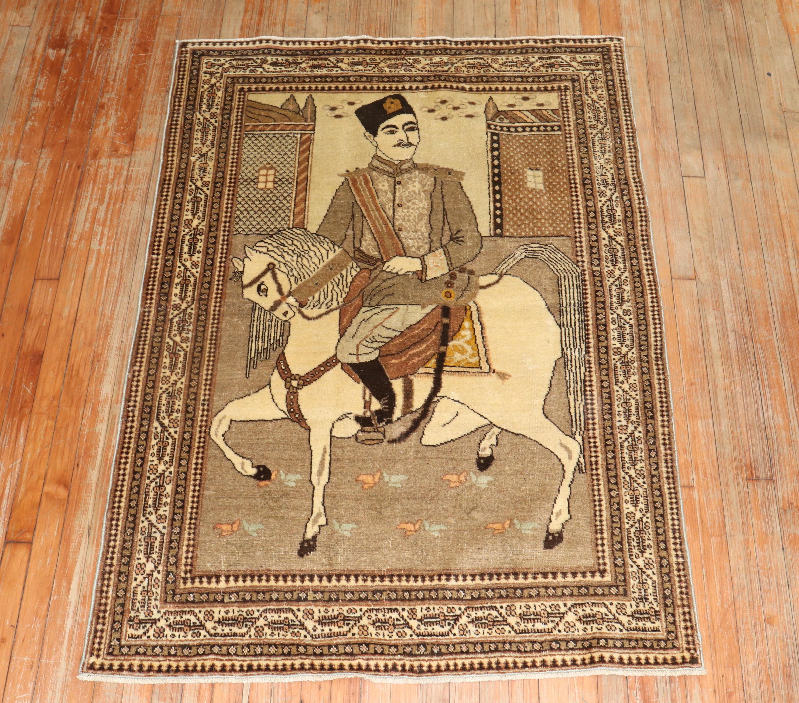 Brown Persian Tabriz Pictorial Horse Rug In Good Condition For Sale In New York, NY