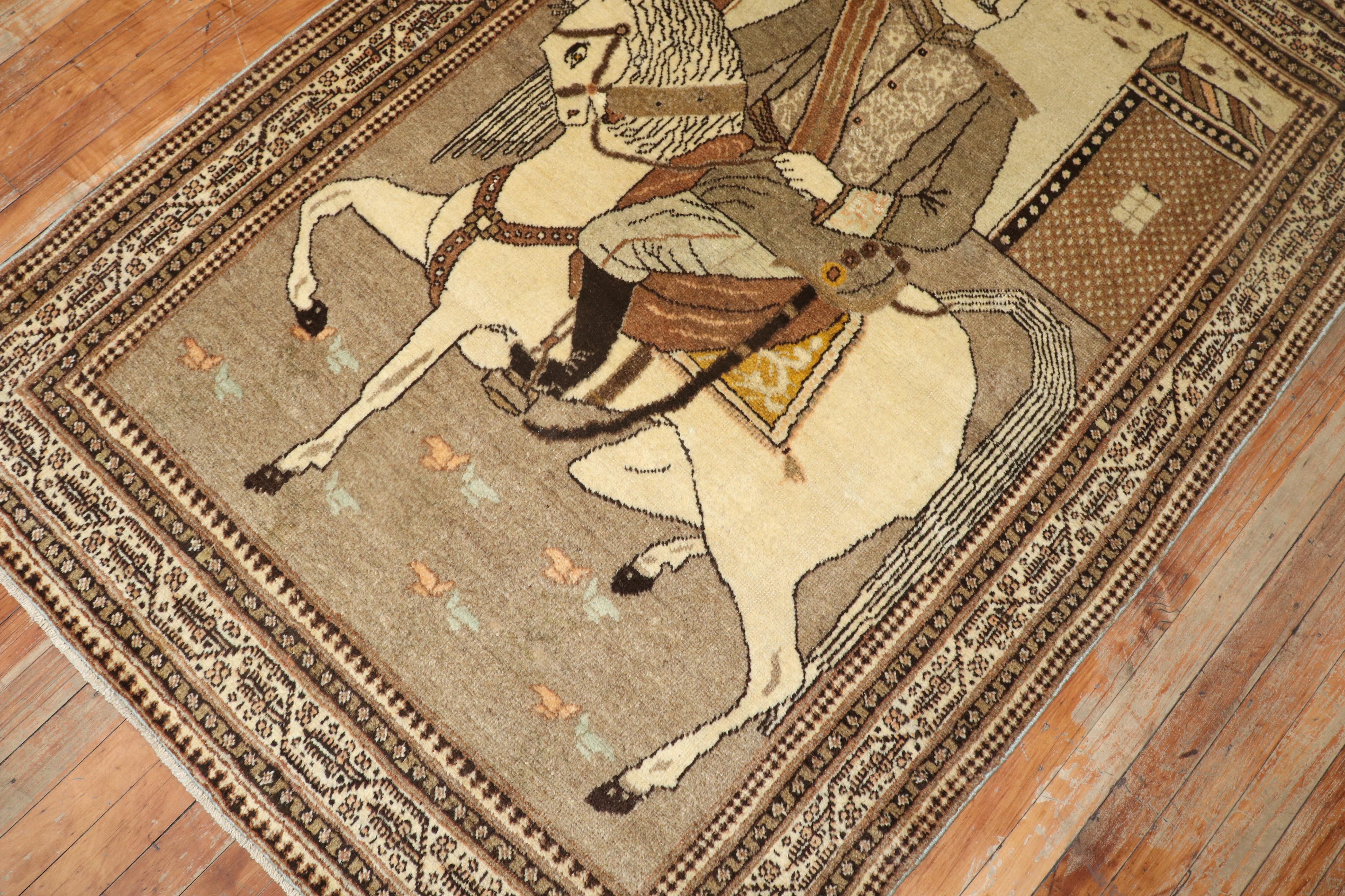 Brown Persian Tabriz Pictorial Horse Rug For Sale 2