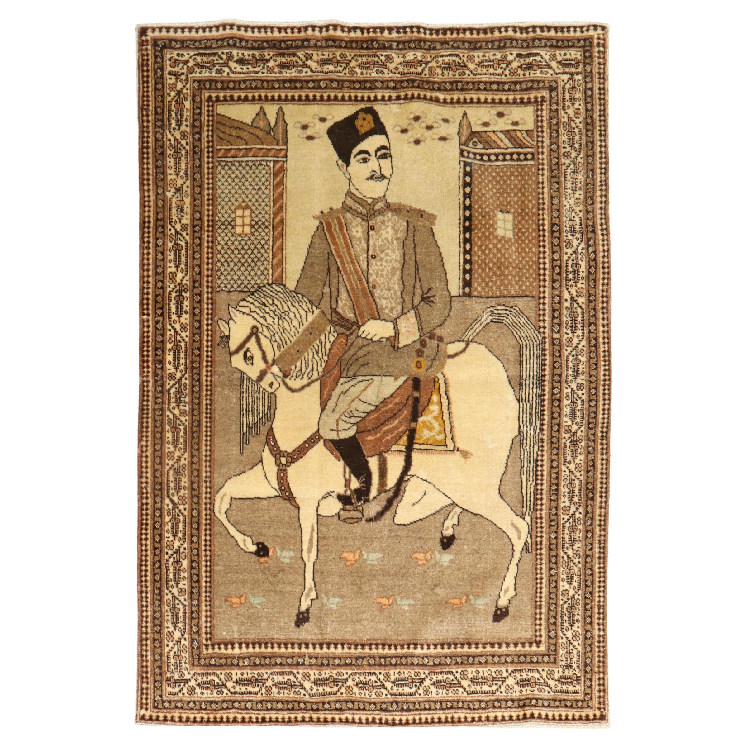 Brown Persian Tabriz Pictorial Horse Rug For Sale