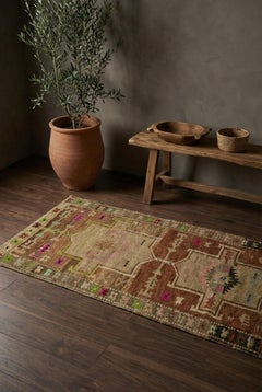 Brown Persian Wool Hand Knotted Runner 3 ft x 10 ft , Stepped Medallion Passage