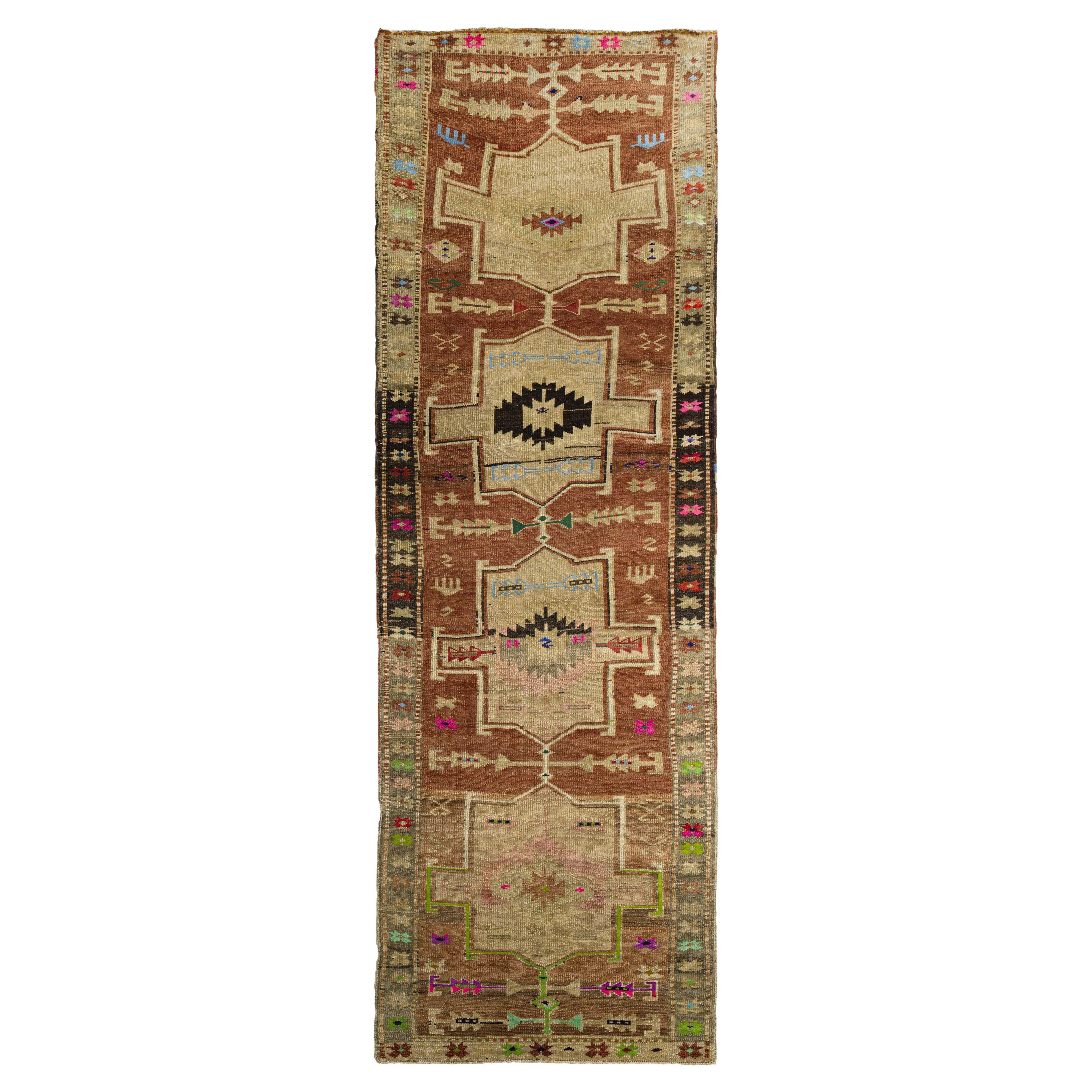 Brown Persian Wool Hand Knotted Runner 3 ft x 10 ft , Stepped Medallion Passage For Sale