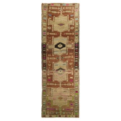 Used Brown Persian Wool Hand Knotted Runner 3 ft x 10 ft , Stepped Medallion Passage