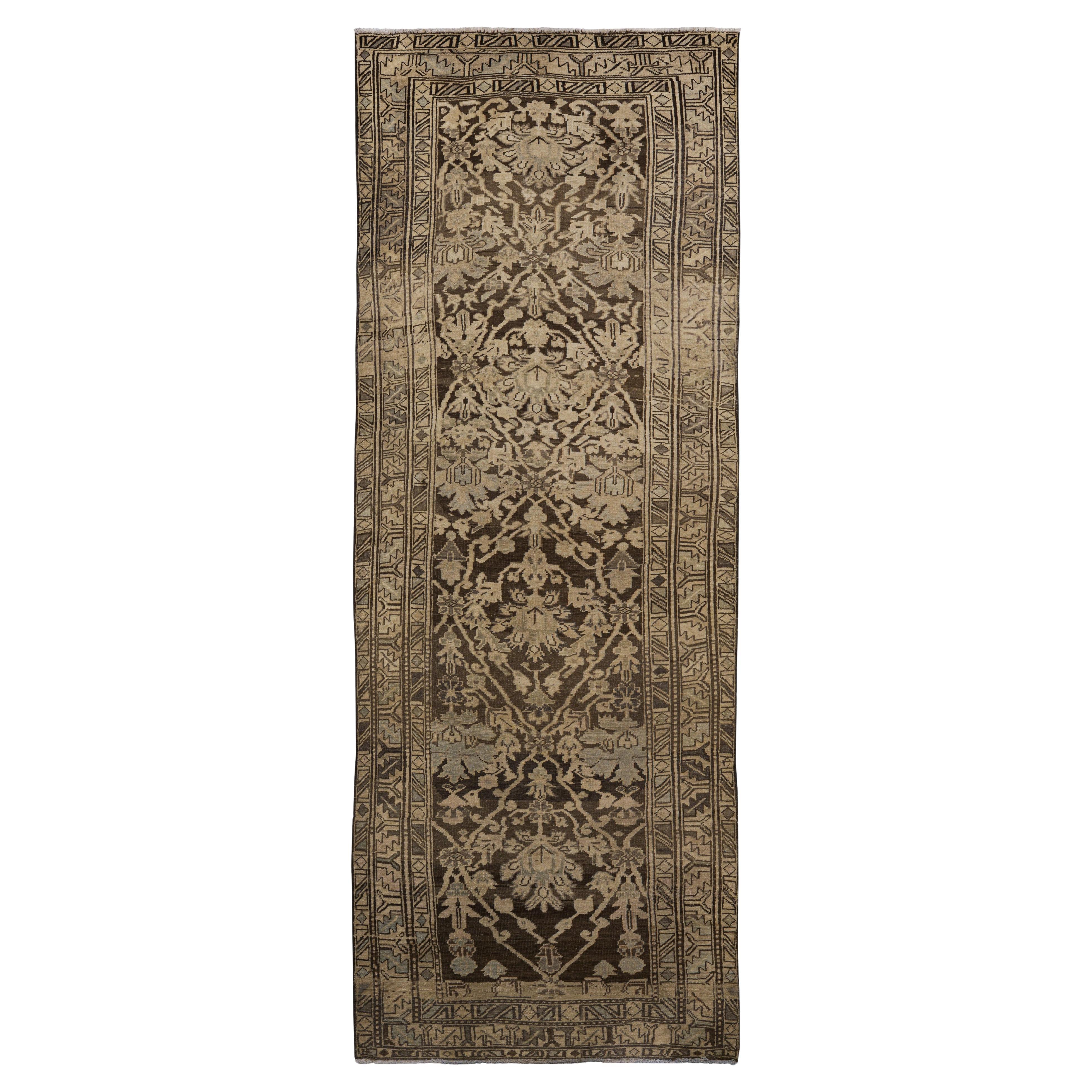 Brown Persian Wool Hand Knotted Runner 3 ft x 9 ft , Antique Floral Passage in vendita